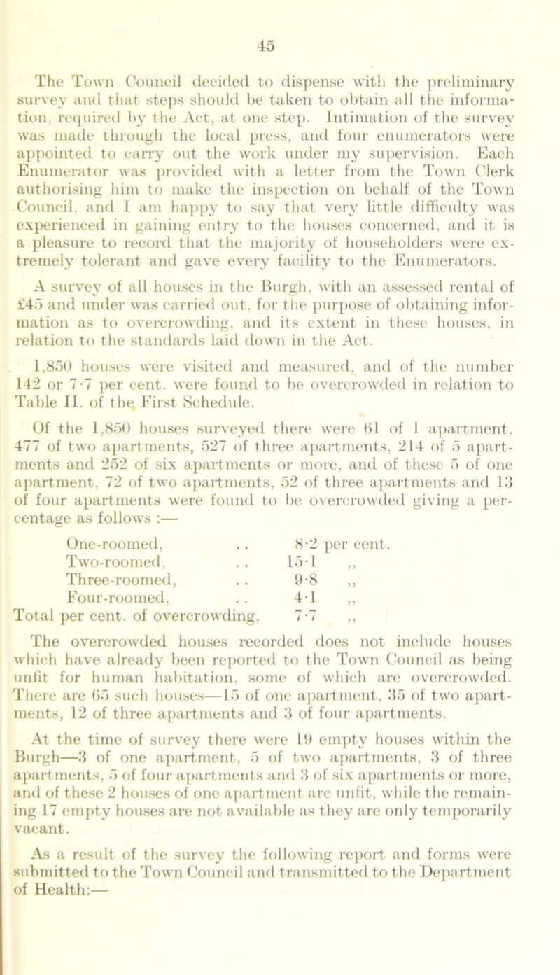 The Town Council decided to dispense with the preliminary survey and that steps should be taken to obtain all the informa- tion, required by the Act, at one step. Intimation of the survey was made through the local press, and four enumerators were appointed to carry out the work under my supervision. Each Enumerator was provided with a letter from the Town Clerk authorising him to make the inspection on behalf of the Town Council, and I am happy to say that very little difficulty was experienced in gaining entry to the houses concerned, and it is a pleasure to record that the majority of householders were ex- tremely tolerant and gave every facility to the Enumerators. A survey of all houses in the Burgh, with an assessed rental of £45 and under was carried out, for the purpose of obtaining infor- mation as to overcrowding, and its extent in these houses, in relation to the standards laid down in the Act. 1,850 houses were visited and measured, and of the number 142 or 7-7 per cent, were found to be overcrowded in relation to Table II. of the, First Schedule. Of the 1,850 houses surveyed there were 01 of 1 apartment, 477 of two apartments, 527 of three apartments, 214 of 5 apart- ments and 252 of six apartments or more, and of these 5 of one apartment, 72 of two apartments, 52 of three apartments and 13 of four apartments were found to be overcrowded giving a per- centage as follows :— One-roomed, 8-2 per cent Two-roomed, 15-1 „ Three-roomed, 9-8 „ Four-roomed, 4-1 „ per cent, of overcrowding, 7-7 The overcrowded houses recorded does not include houses which have already been reported to the Town Council as being unfit for human habitation, some of which are overcrowded. There are 65 such houses—15 of one apartment, 35 of two apart- ments, 12 of three apartments and 3 of four apartments. At the time of survey there were 1!) empty houses within the Burgh—3 of one apartment, 5 of two apartments, 3 of three apartments, 5 of four apartments and 3 of six apartments or more, and of these 2 houses of one apartment are unfit, while the remain- ing 17 empty houses are not available as they are only temporarily vacant. As a result of the survey the following report and forms wrere submitted to the Town Council and transmitted to the Department of Health:—