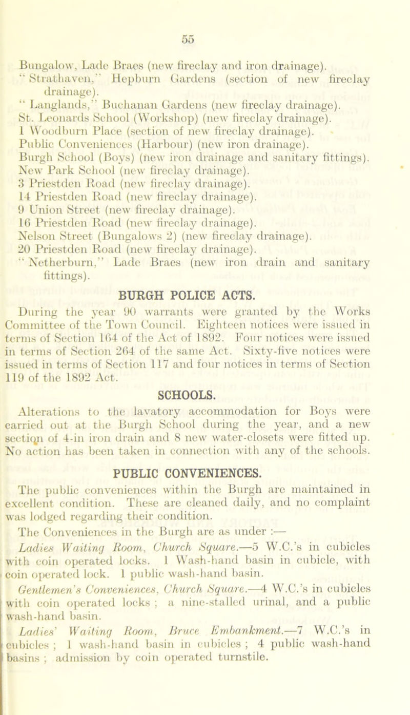 5o Bungalow, Lade Braes (new fireclay and iron drainage). *' Strathaven, Hepburn Gardens (section of new fireclay drainage). “ Langlands,” Buchanan Gardens (new fireclay drainage). St. Leonards School (Workshop) (new fireelav drainage). 1 Woodburn Place (section of new fireclay drainage). Public Conveniences (Harbour) (new iron drainage). Burgh School (Boys) (new iron drainage anti sanitary fittings). New Park School (new fireclay drainage). 3 Priestclen Road (new fireclay drainage). 14 Priestden Road (new fireclay drainage). 9 Union Street (new fireclay drainage). 16 Priestden Road (new fireclay drainage). Nelson Street (Bungalows 2) (new fireclay drainage). 20 Priestden Road (new fireclay drainage). “ Netherbum,” Lade Braes (new iron drain and sanitary fittings). BURGH POLICE ACTS. During the year 90 warrants were granted by the Works Committee of the Town Council. Eighteen notices were issued in terms of Section 104 of the Act of 1892. Four notices were issued in terms of Section 204 of the same Act. Sixty-five notices were issued in terms of Section 117 and four notices in terms of Section 119 of the 1892 Act. SCHOOLS. Alterations to the lavatory accommodation for Boys were carried out at the Burgh School during the year, and a new section oi 4-in iron drain and 8 new water-closets were fitted up. No action has been taken in connection with any of the schools. PUBLIC CONVENIENCES. The public conveniences within the Burgh arc maintained in excellent condition. These are cleaned daily, and no complaint was lodged regarding their condition. The Conveniences in the Burgh are as under :— Ladies Waiting Room, Church Square.—5 W.C.’s in cubicles with coin operated locks. 1 Wash-hand basin in cubicle, with coin operated lock. 1 public wash-hand basin. Gentlemen's Conveniences. Church Square.—4 W.C.’s in cubicles with coin operated locks ; a nine-stalled urinal, and a public wash-hand basin. Ladies' Waiting Room, Bruce Embankment.—7 W.C.’s in cubicles ; 1 wash-hand basin in cubicles ; 4 public wash-hand basins ; admission by coin operated turnstile.