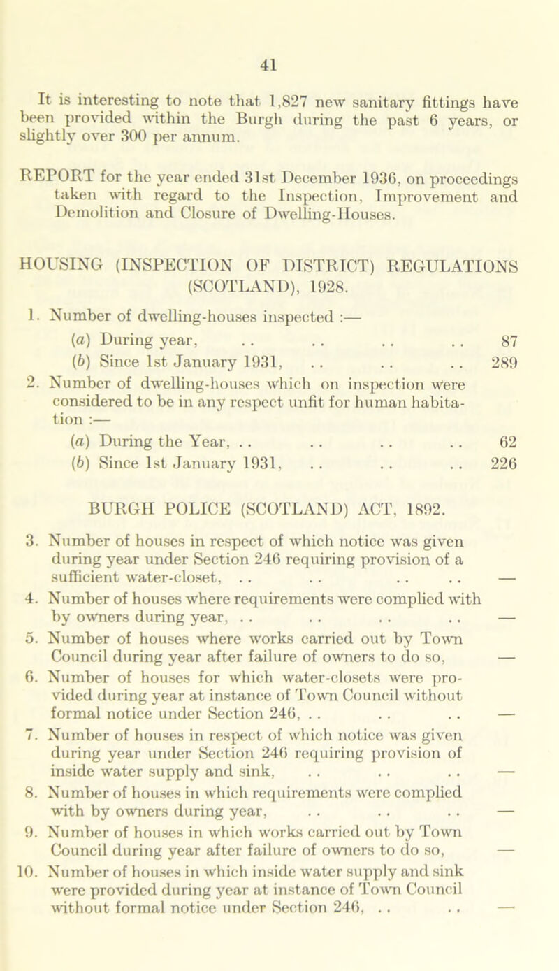 It is interesting to note that 1,827 new sanitary fittings have been provided within the Burgh during the past 6 years, or slightly over 300 per annum. REPORT for the year ended 31st December 193G, on proceedings taken with regard to the Inspection, Improvement and Demolition and Closure of Dwelling-Houses. HOUSING (INSPECTION OF DISTRICT) REGULATIONS (SCOTLAND), 1928. 1. Number of dwelling-houses inspected :— (a) During year, .. .. .. . . 87 (b) Since 1st January 1931, .. .. .. 289 2. Number of dwelling-houses which on inspection Were considered to be in any respect unfit for human habita- tion :— (a) During the Year, .. .. .. .. 62 (b) Since 1st January 1931, .. .. . . 226 BURGH POLICE (SCOTLAND) ACT, 1892. 3. Number of houses in respect of which notice was given during year under Section 246 requiring provision of a sufficient water-closet, .. .. .. .. — 4. Number of houses where requirements were complied with by owners during year, . . .. .. .. — 5. Number of houses where works carried out by Town Council during year after failure of owners to do so, — 6. Number of houses for which water-closets were pro- vided during year at instance of Town Council without formal notice under Section 246, .. .. .. — 7. Number of houses in respect of which notice was given during year under Section 246 requiring provision of inside water supply and sink, .. .. .. — 8. Number of houses in which requirements were complied with by owners during year, . . .. .. — 9. Number of houses in which works carried out by Town Council during year after failure of owners to do so, — 10. Number of houses in which inside water supply and sink were provided during year at instance of Town Council without formal notice under Section 246, ..