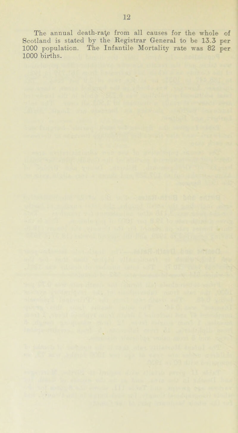 The annual death-ra^e from all causes for the whole of Scotland is stated by the Registrar General to be 13.3 per 1000 population. The Infantile Mortality rate was 82 per 1000 births.