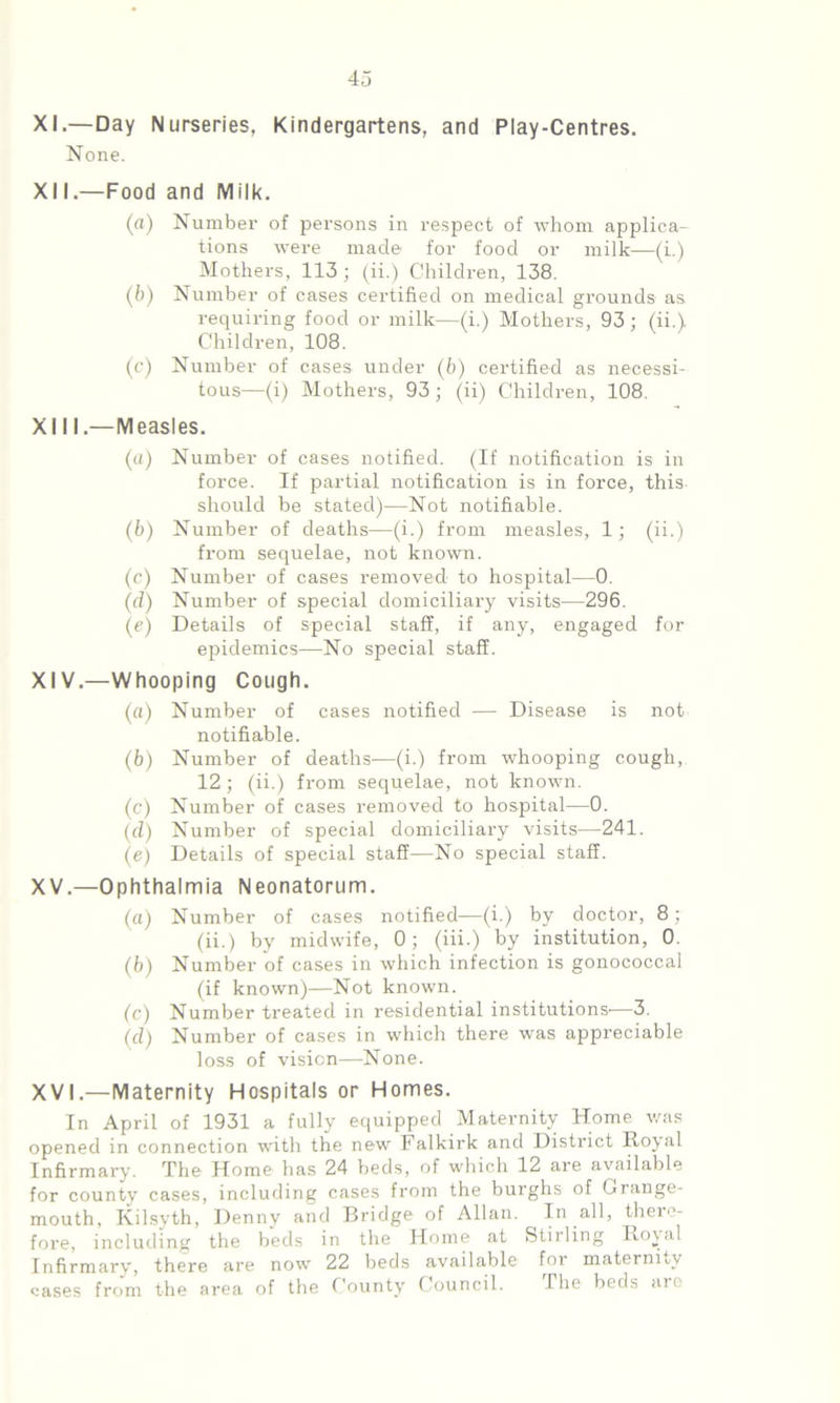 43 XI. —Day Nurseries, Kindergartens, and Play-Centres. None. XII. —Food and Milk. (a) Number of persons in respect of whom applica- tions were made for food or milk—(i.) Mothers, 113 ; (ii.) Children, 138. (b) Number of cases certified on medical grounds as requiring food or milk—(i.) Mothers, 93; (ii.) Children, 108. (c) Number of cases under (b) certified as necessi- tous—(i) Mothers, 93 ; (ii) Children, 108. XIII— Measles. (a) Number of cases notified. (If notification is in force. If partial notification is in force, this should be stated)—Not notifiable. (b) Number of deaths—(i.) from measles, 1; (ii.) from sequelae, not known. (c) Number of cases removed to hospital—0. (d) Number of special domiciliary visits—296. (e) Details of special staff, if any, engaged for epidemics—No special staff. XIV. —Whooping Cough. (а) Number of cases notified — Disease is not notifiable. (б) Number of deaths—(i.) from whooping cough, 12; (ii.) from sequelae, not known. (c) Number of cases removed to hospital—0. (d) Number of special domiciliary visits—241. (e) Details of special staff—No special staff. XV. —Ophthalmia Neonatorum. (a) Number of cases notified—(i.) by doctor, 8; (ii.) by midwife, 0; (iii.) by institution, 0. (b) Number of cases in which infection is gonococcal (if known)—Not known. (c) Number treated in residential institutions'—3. (d) Number of cases in which there was appreciable loss of vision—None. XVI—Maternity Hospitals or Homes. In April of 1931 a fully equipped Maternity Home was opened in connection with the new Falkirk and District Royal Infirmary. The Home has 24 beds, of which 12 are available for county cases, including cases from the burghs of Grange- mouth, Kilsyth, Denny and Bridge of Allan. In all, there- fore, including the beds in the Home at Stirling Royal Infirmary, there are now 22 beds available for maternity eases from the area of the County Council. The beds are