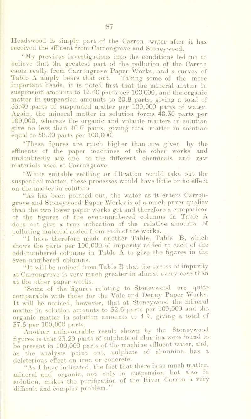 Headswood is simply part of the Can-on water after it has received the effluent from Carrongrove and Stoneywood. “My previous investigations into the conditions led me to believe that the greatest part of the pollution of the Carron came really from Carrongrove Paper Works, and a survey of Table A amply bears that out. Taking some of the more important heads, it is noted first that the mineral matter in suspension amounts to 12.60 parts per 100,000, and the organic matter in suspension amounts to 20.8 parts, giving a total of 33.40 parts of suspended matter per 100,000 parts of water. Again, the mineral matter in solution forms 48.30 parts per 100,000, whereas the organic and volatile matters in solution give no less than 10.0 parts, giving total matter in solution equal to 58.30 parts per 100,000. “These figures are much higher than are given by the effluents of the paper machines of the other works and undoubtedly are due to the different chemicals and raw materials used at Carrongrove. “While suitable settling or filtration would take out the suspended matter, these processes would have little or no effect on the matter in solution. “As has been pointed out, the water as it enters Carron- grove and Stoneywood Paper Works is of a much purer quality than the two lower paper works get and therefore a comparison of the figures of the even-numbered columns in Table A does not give a time indication of the relative amounts of polluting material added from each of the works. “I have therefore made another Table, Table B, which shows the parts per 100,000 of impurity added to each of the odd-numbered columns in Table A to give the figures in the even-numbered columns. “It will be noticed from Table B that the excess of impurity at Carrongrove is very much greater m almost every case than at the other paper works. “Some of the figures relating to Stoneywood are quite comparable with those for the Vale and Denny Paper Works. It will be noticed, however, that at Stoneywood the mineral matter in solution amounts to 32.6 parts per 100,000 and the organic matter in solution amounts to 4.9, giving a total cf 37.5 per 100,000 parts. Another unfavourable result shown by the Stoneywood figures is that 23.20 parts of sulphate of alumina were found to be present in 100,000 parts of the machine effluent water, and, as the analysts point out, sulphate of almunina has a deleterious effect on iron or concrete. “As I have indicated, the fact that there is so much matter, mineral and organic, not only in suspension but also in solution, makes the purification of the River Carron a very difficult and complex problem.
