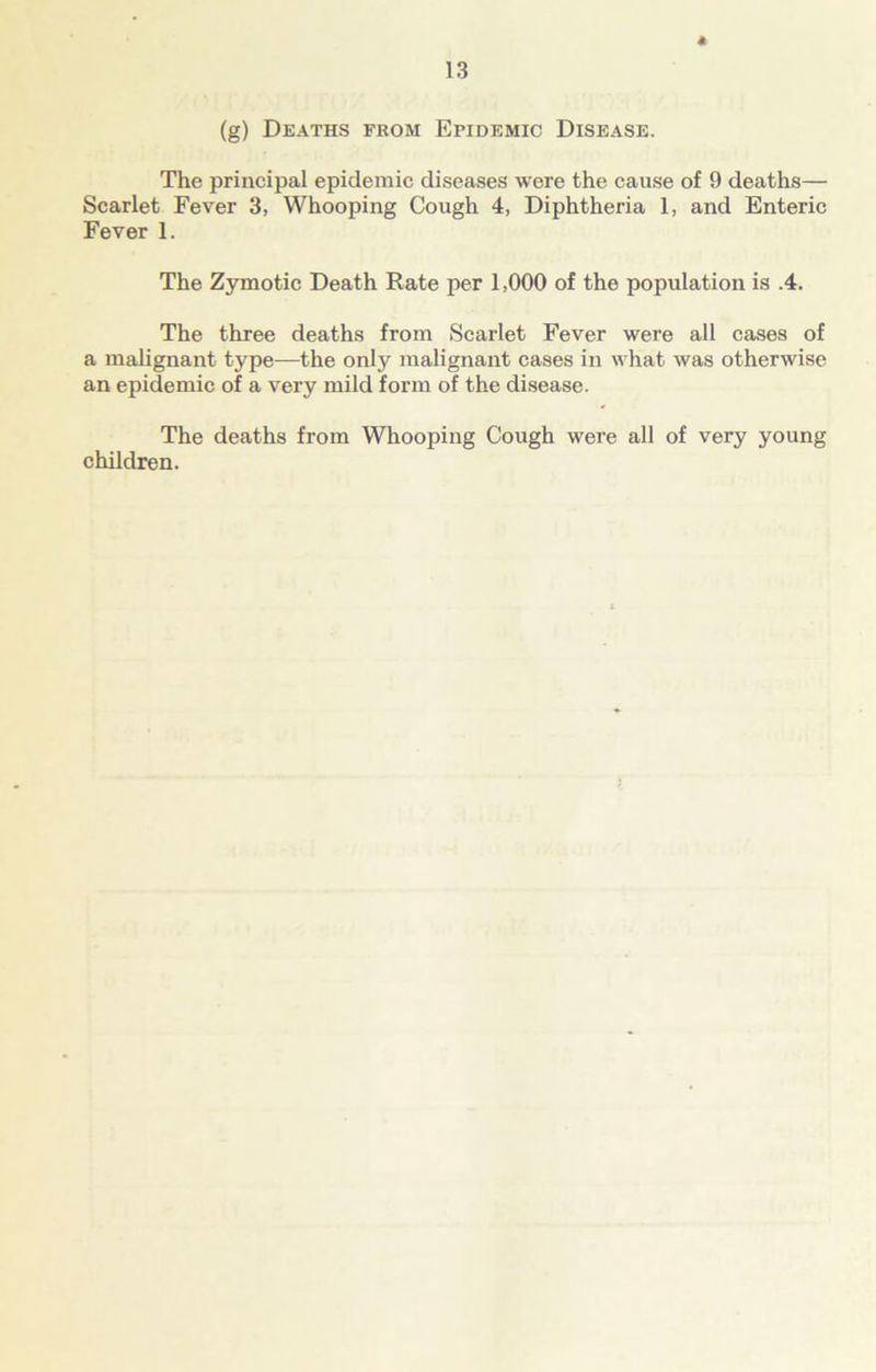 * (g) Deaths from Epidemic Disease. The principal epidemic diseases were the cause of 9 deaths— Scarlet Fever 3, Whooping Cough 4, Diphtheria 1, and Enteric Fever 1. The Zymotic Death Rate per 1,000 of the population is .4. The three deaths from Scarlet Fever were all cases of a malignant type—the only malignant cases in what was otherwise an epidemic of a very mild form of the disease. The deaths from Whooping Cough were all of very young children.