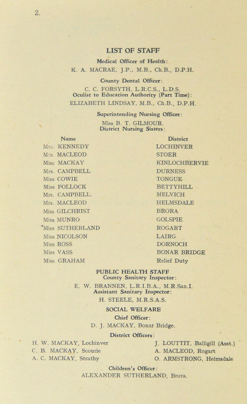 LIST OF STAFF Medical Officer of Health: K. A. MACRAE, J.P., M.B., Ch.B., D.P.H. County Dental Officer: C. C. FORSYTH, L.R.C.S., L.D.S. Oculist to Education Authority (Part Time): ELIZABETH LINDSAY, M.B., Ch.B., D.P.H. Superintending Nursing Officer: Miss B. T. GILMOTR. District Nursing Sisters: Name District Mrs. KENNEDY LOCHINVER Mrs. MACLEOD STOER Miss MACKAY KINLOCHBERVIE Mrs. CAMPBELL DURNESS Miss COWIE TONGUE Miss POLLOCK BETTYHILL Mrs. CAMPBELL. MELVICH Mrs. MACLEOD HELMSDALE Miss GILCHRIST BRORA Miss MUNRO GOLSPIE 'Miss SUTHERLAND ROGART Miss NICOLSON LAIRG Miss ROSS DORNOCH Miss VASS BONAR BRIDGE Miss GRAHAM Relief Duty PUBLIC HEALTH STAFF County Sanitary Inspector: E. W. BRANNEN, L.R.I.B.A., M.R.San.I. Assistant Sanitary Inspector: H. STEELE, M.R.S.A.S. SOCIAL WELFARE Chief Officer: D. J. MACKAY, Bonar Bridge. District Officers: H. W. MACKAY, Lochinver J. LOUTTIT, Balligill (Asst.) ' C. B. MACKAY, Scourie A. MACLEOD, Rogart A. C. MACKAY, Strathy O. ARMSTRONG, Helmsdale Children’s Officer: ALEXANDER SUTHERLAND, Brora.