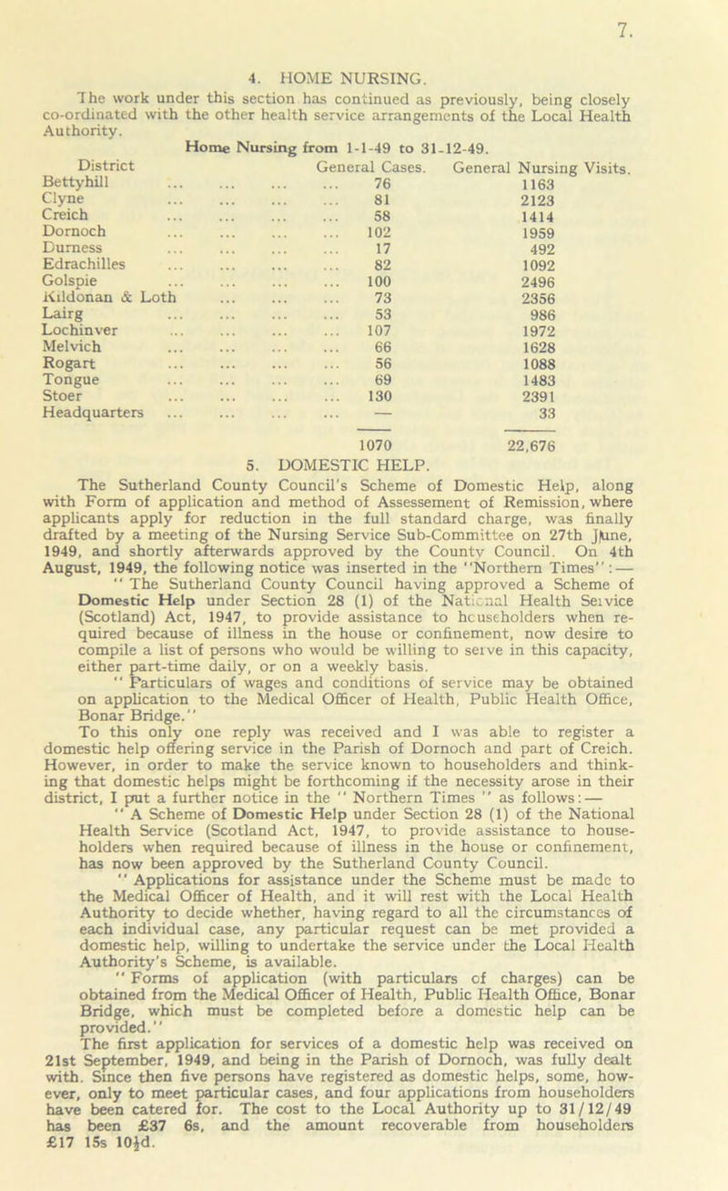 4. HOME NURSING. The work under this section has continued as previously, being closely co-ordinated with the other health service arrangements of the Local Health Authority. Home Nursing from 1-1-49 to 31-12-49. District General Cases. General Nursing Visits. Betty hill 76 1163 Clyne 81 2123 Creich 58 1414 Dornoch 102 1959 Durness 17 492 Edrachilles 82 1092 Golspie 100 2496 Kildonan & Loth 73 2356 Lairg 53 986 Lochinver 107 1972 Melvich 66 1628 Rogart 56 1088 Tongue 69 1483 Stoer 130 2391 Headquarters — 33 1070 22,676 5. DOMESTIC HELP. The Sutherland County Council’s Scheme of Domestic Help, along with Form of application and method of Assessement of Remission, where applicants apply for reduction in the full standard charge, was finally drafted by a meeting of the Nursing Service Sub-Committee on 27th jfune, 1949, and shortly afterwards approved by the County Council. On 4th August, 1949, the following notice was inserted in the “Northern Times : —  The Sutherland County Council having approved a Scheme of Domestic Help under Section 28 (1) of the National Health Seivice (Scotland) Act, 1947, to provide assistance to householders when re- quired because of illness in the house or confinement, now desire to compile a list of persons who would be willing to serve in this capacity, either part-time daily, or on a weekly basis. “ Particulars of wages and conditions of service may be obtained on application to the Medical Officer of Health, Public Health Office, Bonar Bridge.” To this only one reply was received and I was able to register a domestic help offering service in the Parish of Dornoch and part of Creich. However, in order to make the service known to householders and think- ing that domestic helps might be forthcoming if the necessity arose in their district, I put a further notice in the  Northern Times ’’ as follows: —  A Scheme of Domestic Help under Section 28 (1) of the National Health Service (Scotland Act, 1947, to provide assistance to house- holders when required because of illness in the house or confinement, has now been approved by the Sutherland County Council. “ Applications for assistance under the Scheme must be made to the Medical Officer of Health, and it will rest with the Local Health Authority to decide whether, having regard to all the circumstances of each individual case, any particular request can be met provided a domestic help, willing to undertake the service under the Local Health Authority’s Scheme, is available.  Forms of application (with particulars of charges) can be obtained from the Medical Officer of Health, Public Health Office, Bonar Bridge, which must be completed before a domestic help can be provided.” The first application for services of a domestic help was received on 21st September, 1949, and being in the Parish of Dornoch, was fully dealt with. Since then five persons have registered as domestic helps, some, how- ever, only to meet particular cases, and four applications from householders have been catered for. The cost to the Local Authority up to 31/12/49 has been £37 6s, and the amount recoverable from householders £17 15s 10id.