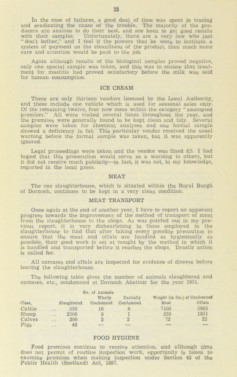 In the case of failures, a good deal of time was spent in tracing and eradicating the cause of the trouble. The majority of the pro- ducers are anxious to do their best, and are keen to get good results with their samples. Unfortunately, there are a very lew who just “ don’t bother,” and I feel if the powers that be were to institute a system of payment on the cleanliness of the product, then much more care and attention would be paid to the job. Again although results of the biological samples proved negative, only one special sample was taken, and this was to ensure that treat- ment for mastitis had proved satisfactory before the milk was sold for human consumption. ICE CREAM There are only thirteen vendors licensed by the Local Authority, and these include one vehicle which is used for seasonal sales only. Of the remaining twelve, four now come within the category “ exempted premises.” All were visited several times throughout the year, and the premises were generally found to be kept clean and tidy. Several samples were taken for chemical analyses and one formal sample showed a deficiency in fat. This particular vendor received the usual warning before the formal sample was taken, but it was apparently ignored. Legal proceedings were taken and the vendor was fined £5. I had hoped that this prosecution would serve as a warning to others, but it did not receive much publicity—in fact, it was not, to my knowledge, reported in the local press. MEAT The one slaughterhouse, which is situated within the Royal Burgh of Dornoch, continues to be kept in a very clean condition. MEAT TRANSPORT Once again at the end of another year, I have to report no apparent progress towards the improvement of the method of transport of meat from the slaughterhouse to the shops. As was pointed out in my pre- vious report, it is very disheartening to those employed in the slaughterhouse to find that after taking every possible precaution to ensure that the meat and offals are handled as hygienically as possible, their good work is set at nought by the method in which it is handled and transported before it reaches the shops. Drastic action is called for. All carcases and offals are inspected for evidence of disease before leaving the slaughterhouse. The following table gives the number of animals slaughtered and carcases, etc., condemned at Dornoch Abattoir for the year 1951. No. ol Animals Wholly Class. Slaughtered Condemned Cattle 550 16 Sheep 2506 9 Calves 200 2 Pigs 48 — Partially Weight (in lbs.) ol Condemned Condemned Meat Ollals 6 7105 5865 1 330 1851 2 72 22 FOOD HYGIENE Food premises continue to receive attention, and although time does not permit of routine inspection work, opportunity is taken to examine premises when making inspection under Section 43 of the Public Health (Scotland) Act, 1897.