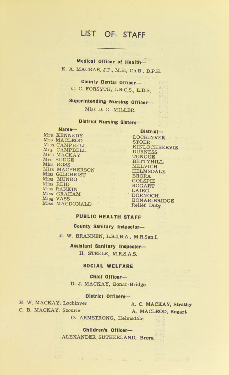 LIST OF STAFF Medical Officer of Health— K. A. MACRAE, J.P., M.B., Ch.B., D.P.H. County Dental Officer— C. C. FORSYTH, L.R.C.S., L.D.S. Superintending Nursing Officer- Miss D. G. MILLER. District Nursing Sisters— Name— Mrs KENNEDY Mrs MACLEOD Miss CAMPBELL Mrs CAMPBELL Miss MACK AY Mrs BUDGE Miss ROSS Miss MACPHERSON Miss GILCHRIST Miss MUNRO Miss REID Miss RANKIN Miss GRAHAM Miss VASS Miss MACDONALD Distriot— LOCHINVER STOER KINLOCHBERVIE DURNESS TONGUE BETTYHILL MELVICH HELMSDALE BRORA GOLSPIE ROGART LAIRG DORNOCH BONAR-BRIDGE Relief Duty PUBLIC HEALTH STAFF County Sanitary Inspector— E. W. BRANNEN, L.R.I.B.A., M.R.San.I. Assistant Sanitary Inspector— H. STEELE, M.R.S.A.S. SOCIAL WELFARE Chief Officer— D. J. MACKAY, Bonar-Bridge Distriot Officers— H. W. MACKAY, Lochinver A. C. MACKAY, Strathy C. B. MACKAY, Scourie A. MACLEOD, Rogart O. ARMSTRONG, Helmsdale • .*•* I Children's Offioer— ALEXANDER SUTHERLAND, Brora