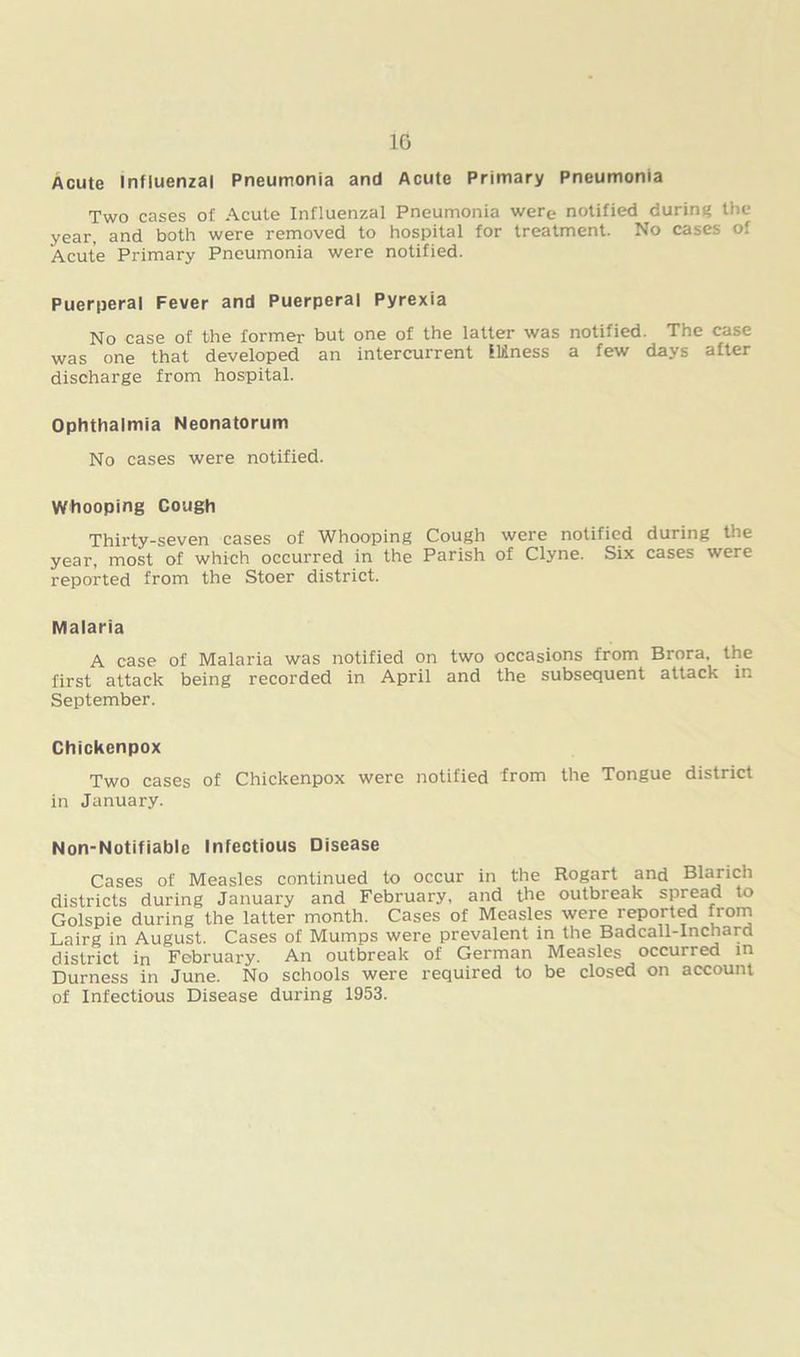 10 Acute Influenzal Pneumonia and Acute Primary Pneumonia Two cases of Acute Influenzal Pneumonia were notified during the year, and both were removed to hospital for treatment. No cases of Acute Primary Pneumonia were notified. Puerperal Fever and Puerperal Pyrexia No case of the former but one of the latter was notified. The case was one that developed an intercurrent fl&ness a few days after discharge from hospital. Ophthalmia Neonatorum No cases were notified. Whooping Cough Thirty-seven cases of Whooping Cough were notified during the year, most of which occurred in the Parish of Clyne. Six cases were reported from the Stoer district. Malaria A case of Malaria was notified on two occasions from Brora, the first attack being recorded in April and the subsequent attack in September. Chickenpox Two cases of Chickenpox were notified from the Tongue district in January. Non-Notifiablc Infectious Disease Cases of Measles continued to occur in the Rogart and Blarich districts during January and February, and the outbreak spread to Golspie during the latter month. Cases of Measles were reported from Lairg in August. Cases of Mumps were prevalent in the Badcall-Inchard district in February. An outbreak of German Measles occurred in Durness in June. No schools were required to be closed on account of Infectious Disease during 1953.