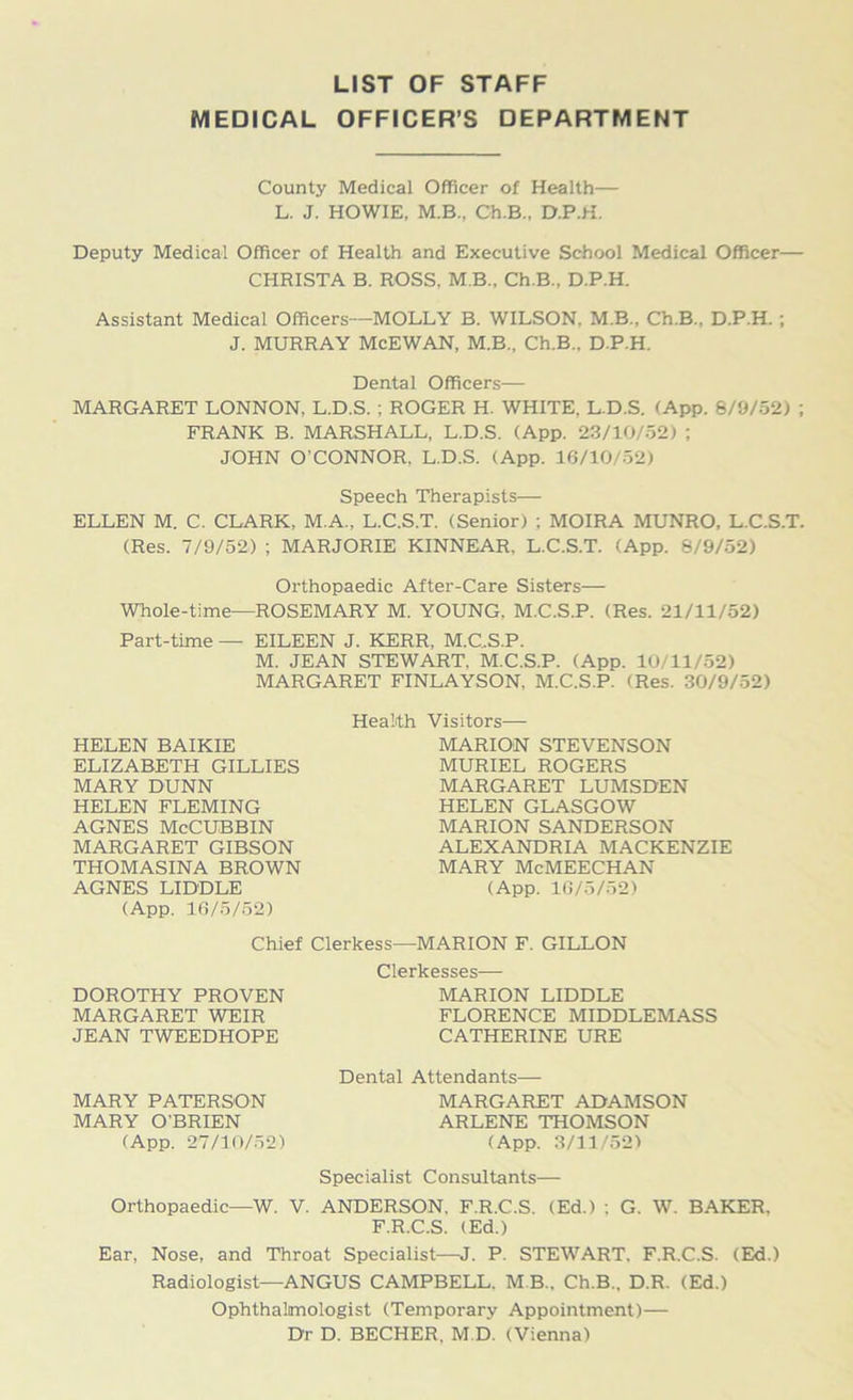 LIST OF STAFF MEDICAL OFFICER’S DEPARTMENT County Medical Officer of Health— L. J. HOWIE, M.B., Ch.B., D.P.H. Deputy Medical Officer of Health and Executive School Medical Officer— CHRISTA B. ROSS, M B., Ch.B., D.P.H. Assistant Medical Officers—MOLLY B. WILSON. M.B., Ch.B., D.P.H. ; J. MURRAY McEWAN, M.B., Ch.B.. D.P.H. Dental Officers— MARGARET LONNON, L.D.S. ; ROGER H. WHITE, L.D.S. (App. 8/9/52) ; FRANK B. MARSHALL, L.D.S. (App. 23/10/52) ; JOHN O'CONNOR, L.D.S. (App. 16/10/52) Speech Therapists— ELLEN M. C. CLARK, M.A., L.C.S.T. (Senior) ; MOIRA MUNRO, L.C.S.T. (Res. 7/9/52) ; MARJORIE KINNEAR. L.C.S.T. (App. 8/9/52) Orthopaedic After-Care Sisters— Whole-time—ROSEMARY M. YOUNG. M.C.S.P. (Res. 21/11/52) Part-time — EILEEN J. KERR. M.C.S.P. M. JEAN STEWART. M.C.S.P. (App. 10/11/52) MARGARET FINLAYSON. M.C.S.P. (Res. 30/9/52) Health Visitors— HELEN BAIKIE ELIZABETH GILLIES MARY DUNN HELEN FLEMING AGNES McCUBBIN MARGARET GIBSON THOMASINA BROWN AGNES LIDDLE (App. 16/5/52) Chief Clerkess—MARION F. GILLON Clerkesses— MARION LIDDLE FLORENCE MIDDLEMASS CATHERINE URE Dental Attendants— MARGARET ADAMSON ARLENE THOMSON (App. 3/11/52) Specialist Consultants— Orthopaedic—W. V. ANDERSON. F.R.C.S. (Ed.) ; G. W. BAKER. F.R.C.S. (Ed.) Ear, Nose, and Throat Specialist—J. P. STEWART. F.R.C.S. (Ed.) Radiologist—ANGUS CAMPBELL. M B., Ch.B.. D.R. (Ed.) Ophthalmologist (Temporary Appointment)— Dr D. BECHER. M.D. (Vienna) DOROTHY PROVEN MARGARET WEIR JEAN TWEEDHOPE MARY PATERSON MARY O’BRIEN (App. 27/10/52) MARION STEVENSON MURIEL ROGERS MARGARET LUMSDEN HELEN GLASGOW MARION SANDERSON ALEXANDRIA MACKENZIE MARY McMEECHAN (App. 16/5/52)