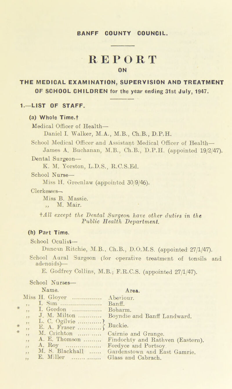 BANFF COUNTY COUNCIL. REPORT ON THE MEDICAL EXAMINATION, SUPERVISION AND TREATMENT OF SCHOOL CHILDREN for the year ending 31st July, 1947. 1.—LIST OF STAFF. (a) Whole Time.f Medical Officer of Health— Daniel I. Walker, M.A., M.B., Ch.B., D.P.H. School Medical Officer and Assistant Medical Officer of Health— James A. Buchanan, M.B., Ch.B., D.P.H. (appointed 19/2/47). Dental Surgeon-— K. M. Yorston, L.D.S., R.C.S.Ed. School Nurse— Miss IT. Greenlaw (appointed 30/9/46). Clerkesees— Miss B. Massie. ,, M. Mair. fAll except the Dental Surgeon have other duties in the Public Health Department. (b) Part Time. School Oculist— Duncan Ritchie, M B., Ch.B., D.O.M.S. (appointed 27/1/47). School Aural Surgeon (for operative treatment of tonsils and adenoids)— E. Godfrey Collins, M.B.; F.R.C.S. (appointed 27/1/47). School Nurses— Name. Miss H. Glover ,, I. Sim * I. Gordon ,, J. M. Milton ... ,, I/. C. Ogilvie ... * ,, E. A. Fraser ... * ,, M. Crichton ... ,, A. E. Thomson . ., A. Roy ,, M. S. Blackhall „ E. Miller Area. Aherjour. Banff. Boharm. Boyndie and Banff Landward, j' Buckie. Cairnie and Grange. Findochty and Rathven (Eastern). Fordyce and Portsoy Gardenstown and East Gamrie. Glass and Cahrach.