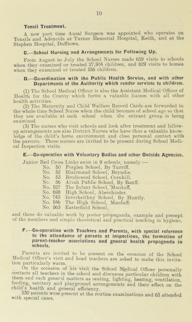 Tonsil Treatment. A new part time Aural Surgeon was appointed who operates on Tonsils and Adenoids at Turner Memorial Hospital, Keith, and at the Stephen Hospital, Dufftown. C. —School Nursing and Arrangements for Following Up. From August to July the School Nurses made 659 visits to schools when they examined or treated 27,904 children, and 629 visits to homes when they examined or treated 556 children. D. —Co-ordination with the Public Health Service, and with other Departments of the Authority which render services to children. (1) The School Medical Officer is also the Assistant Medical Officer of Health for the County which forms a valuable liaison with all other health activities. (2) The Maternity and Child Welfare Record Cards are forwarded to the whole time School Nurse when the child becomes of school age so that they are available at each school when the entrant group is being examined. (3) The nurses who visit schools and look after treatment and follow- up arrangements are also Distinct Nurses who have thus a valuable know- ledge of the child’s home environment and close personal contact with the parents. These nurses are invited to be present during School Medi- cal Inspection visits. E. —Co-operation with Voluntary Bodies and other Outside Agencies. Junior Red Cross Links exist in 9 schools, namely :— No. 50 Forglen School, By Turriff. No. 52 Blairmaud1 School, Boyndie. No. 53 Brodiesord School, Oomhill. No. 56 Alvah Public School, By Banff. No. 527 The Infant School, 'Macduff. No. 698 High School, Aberchirder. No. 743 Inverkeithny School, By Huntly. No. 846 The High School, Macduff. No. 863 Easterfield School. and those do valuable work by poster propaganda, example and precept of the members and simple theoretical and practical teaching in hygiene. F-—Co-operation with Teachers and Parents, with special reference to the attendance of parents at inspections, the formation of parent-teacher associations and general health propaganda in schools. Parents are invited to be present on the occasion of the School Medical Officer’s visit and head teachers are asked to make this invita- tion particularly warm. . On the occasion of iiis visit the School Medical Officer personally contacts all teachers in the school and discusses particular children with them and such general matters as seating, lighting, heating, ventilation, feeding, sanitary and playground arrangements and their effect on the child s health and general efficiency. 230 parents were present at the routine examinations and 63 attended with special cases.