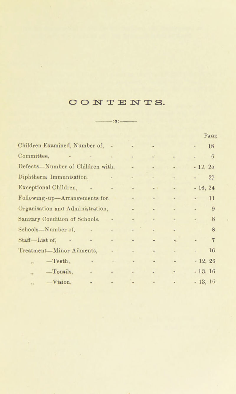 CONTENTS. :o: Pagk Children Examined. Number of, - - 18 Committee, - - ... . .6 Defects—Number of Children with, - - - - 12, 25 Diphtheria Immunisation, - - - - - 27 Exceptional Children, - - - - - - 16, 24 Following-up—Arrangements for, - - - - 11 Organisation and Administration, .... 9 Sanitary Condition of Schools. ..... 8 Schools—Number of, ..... 8 Staff—List of, ------- 7 Treatment—Minor Ailments, - - - - - 16 „ —Teeth, - - - - - - 12, 26 ., —Tonsils. - - - - - - 13, 16 .. —Vision, - - - - - -13, 16