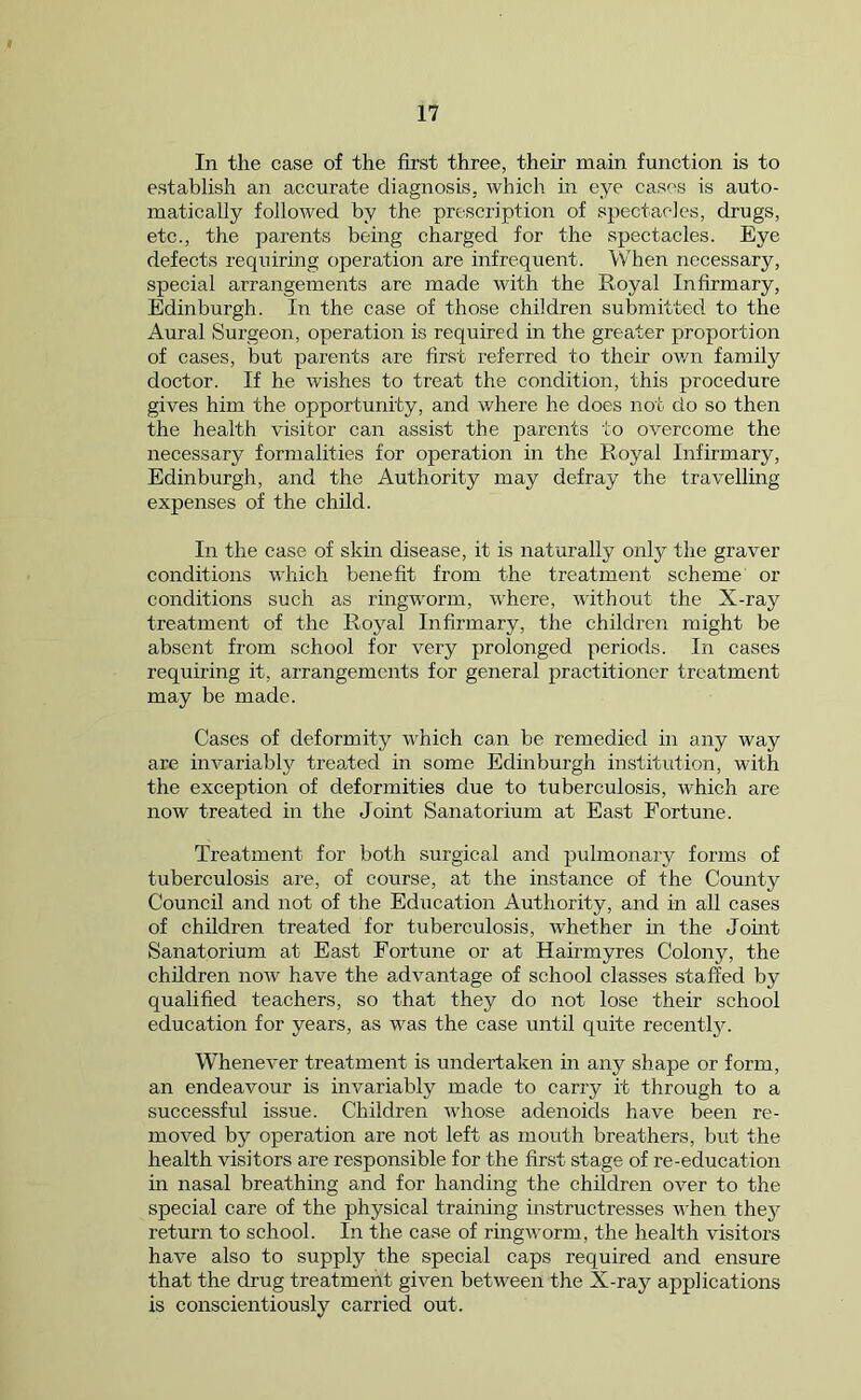 In the case of the first three, their main function is to establish an accurate diagnosis, which in eye cases is auto- matically followed by the prescription of spectacles, drugs, etc., the parents bemg charged for the spectacles. Eye defects requiring operation are infrequent. When necessary, special arrangements are made with the Royal Infirmary, Edinburgh. In the case of those children submitted to the Aural Surgeon, operation is required in the greater proportion of cases, but parents are first referred to their own family doctor. If he wishes to treat the condition, this procedure gives him the opportunity, and where he does not do so then the health visitor can assist the parents to overcome the necessary formalities for operation in the Royal Infirmary, Edinburgh, and the Authority may defray the travelling expenses of the child. In the case of skin disease, it is naturally only the graver conditions which benefit from the treatment scheme or conditions such as ringworm, where, without the X-ray treatment of the Royal Infirmary, the children might be absent from school for very prolonged periods. In cases requiring it, arrangements for general practitioner treatment may be made. Cases of deformity which can be remedied in any way are invariably treated in some Edinburgh institution, with the exception of deformities due to tuberculosis, which are now treated in the Joint Sanatorium at East Fortune. Treatment for both surgical and pulmonary forms of tuberculosis are, of course, at the instance of the County Council and not of the Education Authority, and in all cases of children treated for tuberculosis, whether in the Joint Sanatorium at East Fortune or at Hairmyres Colony, the children now have the advantage of school classes staffed by qualified teachers, so that they do not lose their school education for years, as was the case until quite recently. Whenever treatment is undertaken in any shape or form, an endeavour is invariably made to carry it through to a successful issue. Children whose adenoids have been re- moved by operation are not left as mouth breathers, but the health visitors are responsible for the first stage of re-education in nasal breathing and for handing the children over to the special care of the physical training instructresses when they return to school. In the case of ringworm, the health visitors have also to supply the special caps required and ensure that the drug treatment given between the X-ray applications is conscientiously carried out.