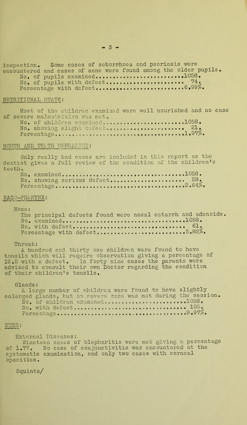 3 inspection* Some cases of soborrhoea and psoriasis were encountered and cases of acne were found among the older pupils. No. of pupils examined#. .......1058• No. of pupils with defect...............e.,.. 74. Percentage with defect 6.99%. NUTRITIONAL STATE t Most of the children examined were well nourished and no case of severe malnutrition was met0 No. of chiidi 6 n examinee!. , 030.00.. .ooo#.oo.o..o ol6t_^8 . No# showing slighg dexeco®...21. Percentage...o©o00....0000.000.•,. .. •00...o»o.o• 1 • 9 7 /^ # MOUTH AND TENTH UNHEALTHY i Only really bad cases are included in this report as the dentist gives a full review of the condition of the children’s teeth. No. examined...... ....... .................1058. No. showing serious defect...................... 28. Percenoage. . 0 0 . • #.. . . . 0 . o . . . 0. . 0 » 0 • . . . o .. ». o © • . ©^o04/^© NAS Q-PHARYNX1 Nose 1 The principal defects found were nasal catarrh and adenoids. No. examined .1058• No. with def ect... .............................. 61., Percentage with defect .5.82/, Throat s A hundred and thirty one children were found to have tonsils which will require observation giving a percentage of 12.5 with a defect. In forty nine cases the parents were advised to consult their own Doctor regarding the condition of their children’s tonsils. Glands s A large number of children were found to have slightly enlarged glands,, but no severe co.se was met during the session No. of chixdren eGvam1 ne o.. © . 0. . © 0. . o . . . o , . o . c . . .•1608 . No. w 11 n. delect,o. © o . © . , © « ©00 oo. . © . <> 0 © . oooo.o... 165. Percentage...a o.c.®.ooc..o.«..o*©.o.....o©..o.o.6.97/o. EYES; External Diseases; Nineteen cases of blepharitis were met giving a percentage of 1,77. No case of conjunctivitis was encountered at the systematic examination, and only two cases with corneal opacities. Squints/