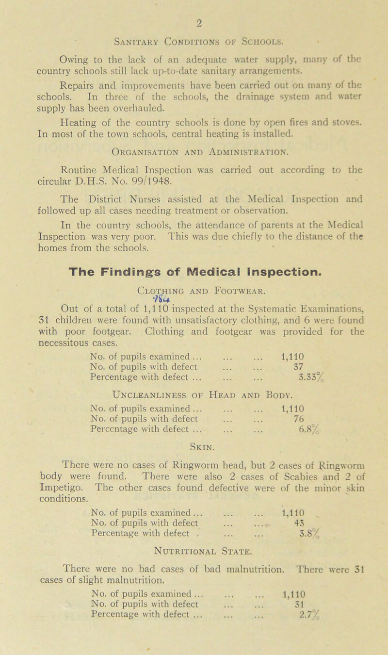 Sanitary Conditions of Schools. Owing to the lack of an adequate water supply, many of the country schools still lack up-to-date sanitary arrangements. Repairs and improvements have been carried out on many of the schools. In three of the schools, the drainage system and water supply has been overhauled. Heating of the country schools is done by open fires and stoves. In most of the town schools, central heating is installed. Organisation and Administration. Routine Medical Inspection was carried out according to the circular D.H.S. No. 99/1948. The District Nurses assisted at the Medical Inspection and followed up all cases needing treatment or observation. In the country schools, the attendance of parents at the Medical Inspection was very poor. This was due chiefly to the distance of the homes from the schools. The Findings of Medical inspection. Clothing and Footwear. •fit* Out of a total of 1,110 inspected at the Systematic Examinations, 31 children were found with unsatisfactory clothing, and 6 were found with poor footgear. Clothing and footgear was provided for the necessitous cases. No. of pupils examined ... ... ... 1,110 No. of pupils with defect ... ... 37 Percentage with defect ... ... ... 3-33% Uncleanliness of Head and Body. No. of pupils examined... ... ... 1,110 No. of pupils with defect ... ... 76 Percentage with defect ... ... ... 6-8% Skin. There were no cases of Ringworm head, but 2 cases of Ringworm body were found. There were also 2 cases of Scabies and 2 of Impetigo. The other cases found defective were of the minor skin conditions. No. of pupils examined... ... ... 1,110 No. of pupils with defect ... ... 43 Percentage with defect . ... ... 3.8% Nutritional State. There were no bad cases of bad malnutrition. There were 51 cases of slight malnutrition. No. of pupils examined... ... ... 1,110 No. of pupils with defect 31 Percentage with defect ... ... ... 2.7%
