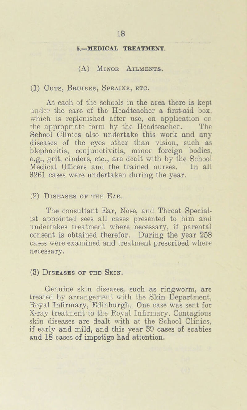 5.—MEDICAL TREATMENT. (A) Minor Ailments. (1) Cuts, Bruises, Sprains, etc. At each of the schools in the area there is kept under the care of the Headteacher a first-aid box, which is replenished after use, on application on the appropriate form by the Headteacher. The School Clinics also undertake this work and any diseases of the eyes other than vision, such as blepharitis, conjunctivitis, minor foreign bodies, e.g., grit, cinders, etc., are dealt with by the School Medical Officers and the trained nurses. In all 3261 cases were undertaken during the year. (2) Diseases of the Ear. The consultant Ear, Nose, and Throat Special- ist appointed sees all cases presented to him and undertakes treatment where necessary, if parental consent is obtained therefor. During the year 258 cases were examined and treatment prescribed where necessary. (3) Diseases of the Skin. Genuine skin diseases, such as ringworm, are treated by arrangement with the Skin Department, Royal Infirmary, Edinburgh. One case was sent for X-ray treatment to the Royal Infirmary. Contagious skin diseases are dealt with at the School Clinics, if early and mild, and this year 39 cases of scabies and 18 cases of impetigo had attention.
