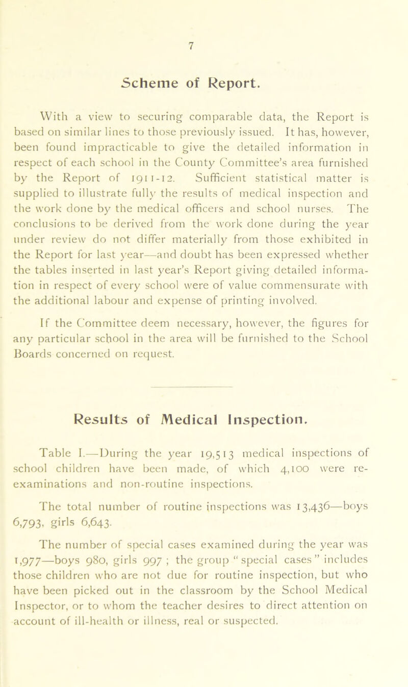 Scheme of Report. With a view to securing comparable data, the Report is based on similar lines to those previously issued. It has, however, been found impracticable to give the detailed information in respect of each school in the County Committee’s area furnished by the Report of 1911-12. Sufficient statistical matter is supplied to illustrate fully the results of medical inspection and the work done by the medical officers and school nurses. The conclusions to be derived from the work done during the year under review do not differ materially from those exhibited in the Report for last year—and doubt has been expressed whether the tables inserted in last year’s Report giving detailed informa- tion in respect of every school were of value commensurate with the additional labour and expense of printing involved. If the Committee deem necessary, however, the figures for any particular school in the area will be furnished to the School Boards concerned on request. Results of Medical Inspection. Table I.—During the year 19,513 medical inspections of school children have been made, of which 4,100 were re- examinations and non-routine inspections. The total number of routine inspections was 13,436—boys 6,793- girls 6,643. The number of special cases examined during the year was 1,977—boys 980, girls 997 ; the group “special cases” includes those children who are not due for routine inspection, but who have been picked out in the classroom by the School Medical Inspector, or to whom the teacher desires to direct attention on account of ill-health or illness, real or suspected.