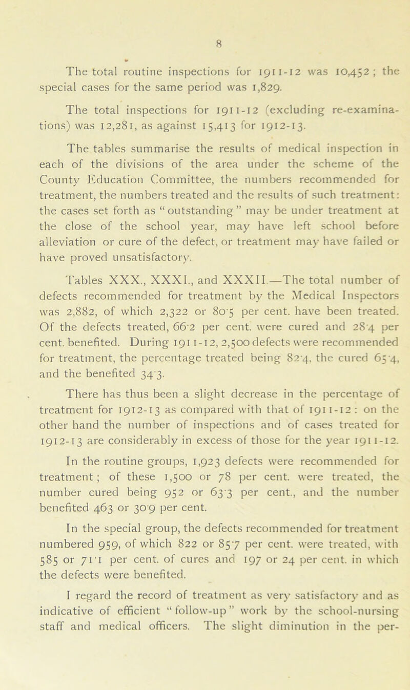 The total routine inspections for 1911-12 was 10,452; the special cases for the same period was 1,829. The total inspections for 1911-12 (excluding re-examina- tions) was 12,281, as against 15,413 for 1912-13. The tables summarise the results of medical inspection in each of the divisions of the area under the scheme of the County Education Committee, the numbers recommended for treatment, the numbers treated and the results of such treatment: the cases set forth as “outstanding” may be under treatment at the close of the school year, may have left school before alleviation or cure of the defect, or treatment may have failed or have proved unsatisfactory. Tables XXX., XXXI., and XXXII—The total number of defects recommended for treatment by the Medical Inspectors was 2,882, of which 2,322 or 80 5 per cent, have been treated. Of the defects treated, 66 2 per cent, were cured and 28 4 per cent, benefited. During 1911-12, 2,500 defects were recommended for treatment, the percentage treated being 82 4. the cured 65'4, and the benefited 34 3. There has thus been a slight decrease in the percentage of treatment for 1912-13 as compared with that of 1911-I2 : on the other hand the number of inspections and of cases treated for 1912-13 are considerably in excess of those for the year 1911-12. In the routine groups, 1,923 defects were recommended for treatment; of these 1,500 or 78 per cent, were treated, the number cured being 952 or 63 3 per cent., and the number benefited 463 or 309 per cent. In the special group, the defects recommended for treatment numbered 959, of which 822 or 857 per cent, were treated, with 585 or yi l per cent, of cures and 197 or 24 per cent, in which the defects were benefited. I regard the record of treatment as very satisfactory and as indicative of efficient “follow-up” work by the school-nursing staff and medical officers. The slight diminution in the per-