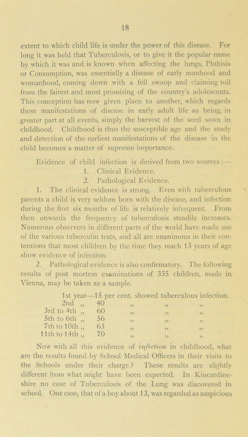 extent to which child life is under the power of this disease. For long it was held that Tuberculosis, or to give it the popular name by which it was and is known when affecting the lungs, Phthisis or Consumption, was essentially a disease of early manhood and womanhood, coming down with a fell swoop and claiming toll from the fairest and most promising of the country’s adolescents. This conception has now given place to another, which regards these manifestations of disease in early adult life as being, in greater part at all events, simply the harvest of the seed sown in childhood. Childhood is thus the susceptible age and the study and detection of the earliest manifestations of the disease in the child becomes a matter of supreme importance. Evidence of child infection is derived from two sources :— 1. Clinical Evidence. 2. Pathological Evidence. 1. The clinical evidence is strong. Even with tuberculous parents a child is very seldom born with the disease, and infection during the first six months of life is relatively infrequent. From then onwards the frequency of tuberculosis steadily increases. Numerous observers in different parts of the world have made use of the various tuberculin tests, and all are unanimous in their con- tentions that most children by the time they reach 15 years of age show evidence of infection. 2. Pathological evidence is also confirmatory. The following results of post mortem examinations of 335 children, made in Vienna, may be taken as a sample. 1st year—15 per cent, showed tuberculous infection. 2nd „ 40 3rd to 4th ,, 60 ,, „ ,, 5th to 6th ,, 56 ,, „ ,, 7th to 10th „ 63 „ „ ,, 11th to 14th „ 70 „ ,, „ Now with all this evidence of infection in childhood, what are the results found by School Medical Officers in their visits to the Schools under their charge ? These results are slightly different from what might have been expected. In Kincardine- shire no case of Tuberculosis of the Lung was discovered in school. One case, that of a boy about 13, was regarded as suspicious