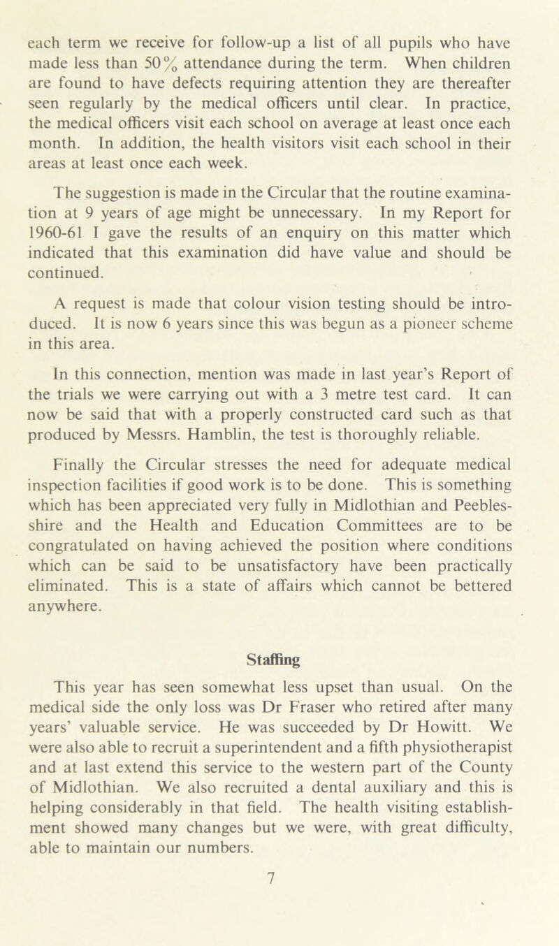 each term we receive for follow-up a list of all pupils who have made less than 50% attendance during the term. When children are found to have defects requiring attention they are thereafter seen regularly by the medical officers until clear. In practice, the medical officers visit each school on average at least once each month. In addition, the health visitors visit each school in their areas at least once each week. The suggestion is made in the Circular that the routine examina- tion at 9 years of age might be unnecessary. In my Report for 1960-61 I gave the results of an enquiry on this matter which indicated that this examination did have value and should be continued. A request is made that colour vision testing should be intro- duced. It is now 6 years since this was begun as a pioneer scheme in this area. In this connection, mention was made in last year’s Report of the trials we were carrying out with a 3 metre test card. It can now be said that with a properly constructed card such as that produced by Messrs. Hamblin, the test is thoroughly reliable. Finally the Circular stresses the need for adequate medical inspection facilities if good work is to be done. This is something which has been appreciated very fully in Midlothian and Peebles- shire and the Health and Education Committees are to be congratulated on having achieved the position where conditions which can be said to be unsatisfactory have been practically eliminated. This is a state of affairs which cannot be bettered anywhere. Staffing This year has seen somewhat less upset than usual. On the medical side the only loss was Dr Fraser who retired after many years’ valuable service. He was succeeded by Dr Howitt. We were also able to recruit a superintendent and a fifth physiotherapist and at last extend this service to the western part of the County of Midlothian. We also recruited a dental auxiliary and this is helping considerably in that field. The health visiting establish- ment showed many changes but we were, with great difficulty, able to maintain our numbers.