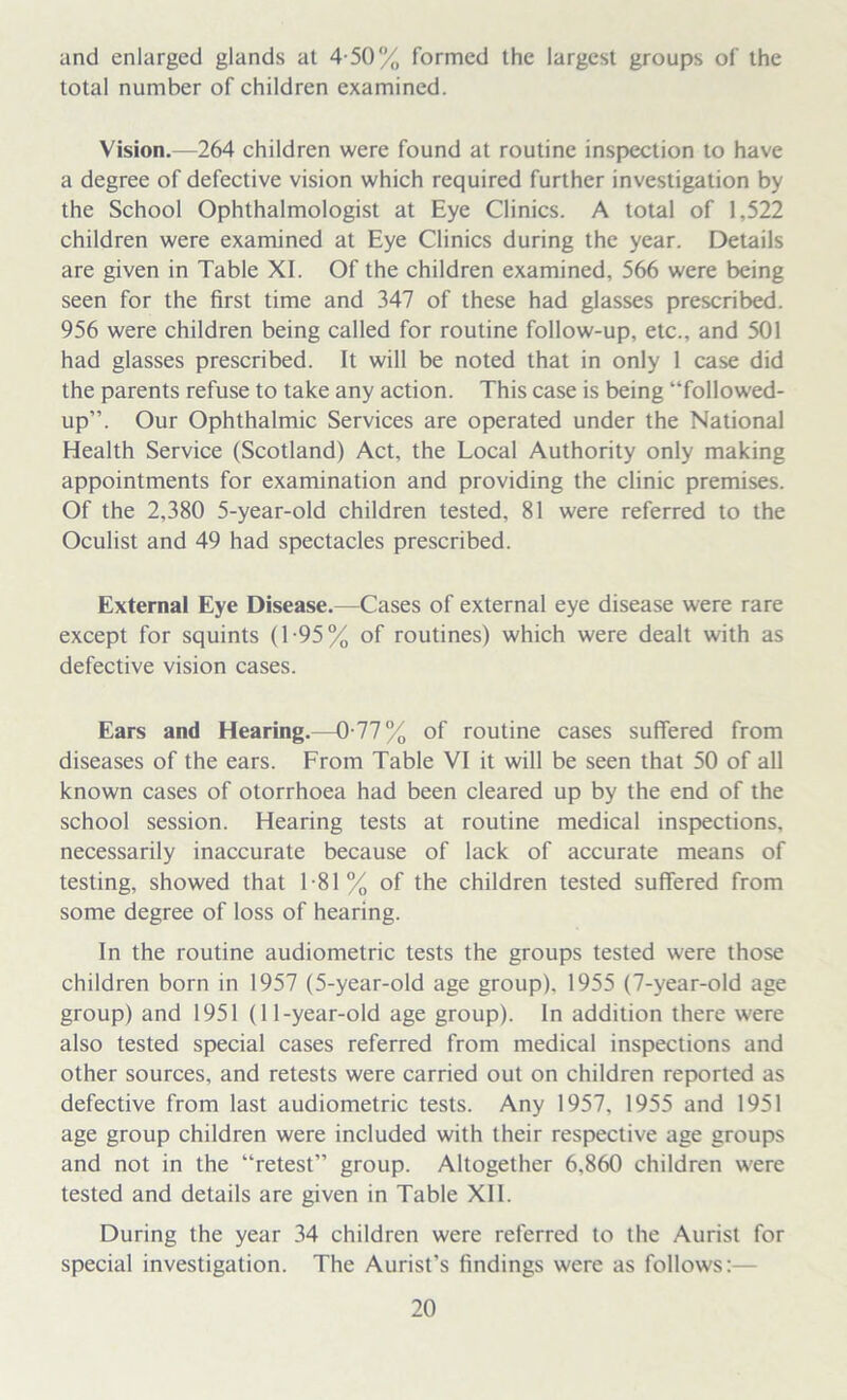 and enlarged glands at 4-50% formed the largest groups of the total number of children examined. Vision.—264 children were found at routine inspection to have a degree of defective vision which required further investigation by the School Ophthalmologist at Eye Clinics. A total of 1,522 children were examined at Eye Clinics during the year. Details are given in Table XI. Of the children examined, 566 were being seen for the first time and 347 of these had glasses prescribed. 956 were children being called for routine follow-up, etc., and 501 had glasses prescribed. It will be noted that in only 1 case did the parents refuse to take any action. This case is being “followed- up”. Our Ophthalmic Services are operated under the National Health Service (Scotland) Act, the Local Authority only making appointments for examination and providing the clinic premises. Of the 2,380 5-year-old children tested, 81 were referred to the Oculist and 49 had spectacles prescribed. External Eye Disease.—Cases of external eye disease were rare except for squints (1-95% of routines) which were dealt with as defective vision cases. Ears and Hearing.—0-77% of routine cases suffered from diseases of the ears. From Table VI it will be seen that 50 of all known cases of otorrhoea had been cleared up by the end of the school session. Hearing tests at routine medical inspections, necessarily inaccurate because of lack of accurate means of testing, showed that 181% of the children tested suffered from some degree of loss of hearing. In the routine audiometric tests the groups tested were those children born in 1957 (5-year-old age group). 1955 (7-year-old age group) and 1951 (11-year-old age group). In addition there were also tested special cases referred from medical inspections and other sources, and retests were carried out on children reported as defective from last audiometric tests. Any 1957, 1955 and 1951 age group children were included with their respective age groups and not in the “retest” group. Altogether 6,860 children were tested and details are given in Table XII. During the year 34 children were referred to the Aurist for special investigation. The Aurist’s findings were as follows:—