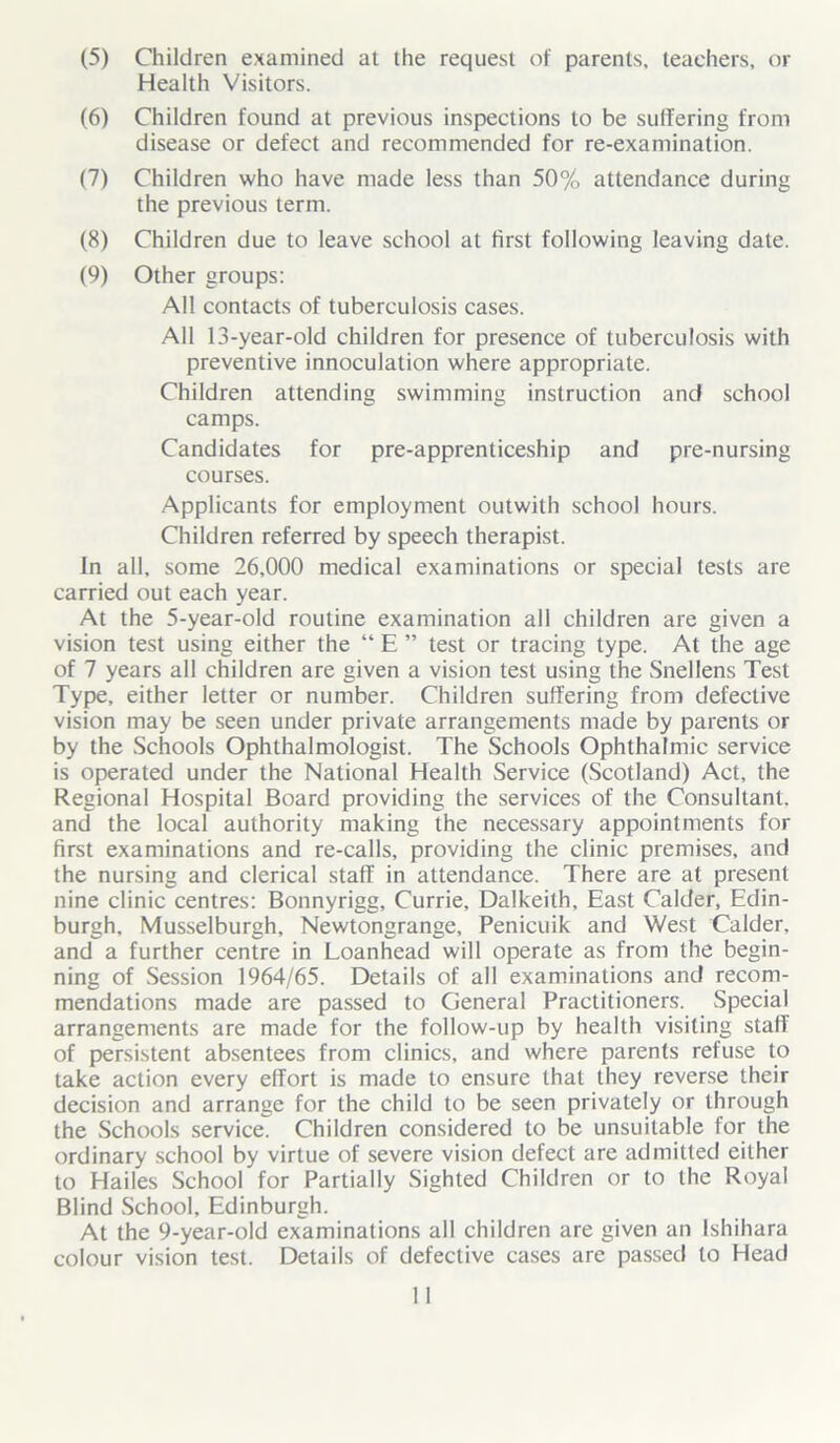 (5) Children examined at the request of parents, teachers, or Health Visitors. (6) Children found at previous inspections to be suffering from disease or defect and recommended for re-examination. (7) Children who have made less than 50% attendance during the previous term. (8) Children due to leave school at first following leaving date. (9) Other groups: All contacts of tuberculosis cases. All 13-year-old children for presence of tuberculosis with preventive innoculation where appropriate. Children attending swimming instruction and school camps. Candidates for pre-apprenticeship and pre-nursing courses. Applicants for employment outwith school hours. Children referred by speech therapist. In all. some 26,000 medical examinations or special tests are carried out each year. At the 5-year-old routine examination all children are given a vision test using either the “ E ” test or tracing type. At the age of 7 years all children are given a vision test using the Snellens Test Type, either letter or number. Children suffering from defective vision may be seen under private arrangements made by parents or by the Schools Ophthalmologist. The Schools Ophthalmic service is operated under the National Health Service (Scotland) Act, the Regional Hospital Board providing the services of the Consultant, and the local authority making the necessary appointments for first examinations and re-calls, providing the clinic premises, and the nursing and clerical staff in attendance. There are at present nine clinic centres: Bonnyrigg, Currie, Dalkeith, East Calder, Edin- burgh, Musselburgh, Newtongrange, Penicuik and West Calder. and a further centre in Loanhead will operate as from the begin- ning of Session 1964/65. Details of all examinations and recom- mendations made are passed to General Practitioners. Special arrangements are made for the follow-up by health visiting staff of persistent absentees from clinics, and where parents refuse to take action every effort is made to ensure that they reverse their decision and arrange for the child to be seen privately or through the Schools service. Children considered to be unsuitable for the ordinary school by virtue of severe vision defect are admitted either to Hailes School for Partially Sighted Children or to the Royal Blind School, Edinburgh. At the 9-year-old examinations all children are given an Ishihara colour vision test. Details of defective cases are passed to Head