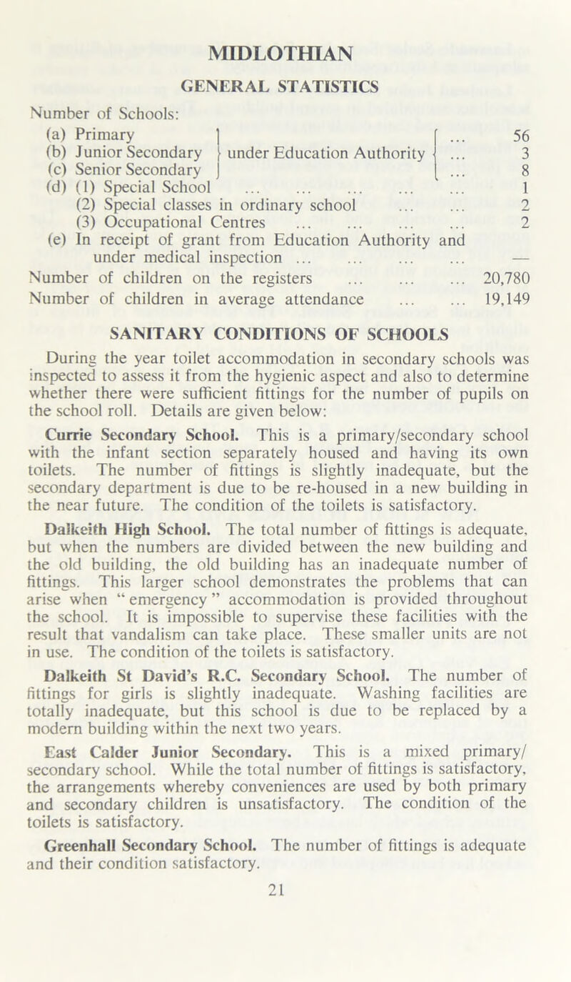 MIDLOTHIAN GENERAL STATISTICS under Education Authority Number of Schools: (a) Primary (b) Junior Secondary (c) Senior Secondary (d) (1) Special School ... (2) Special classes in ordinary school (3) Occupational Centres (e) In receipt of grant from Education Authority and under medical inspection Number of children on the registers Number of children in average attendance 56 3 8 1 2 2 20,780 19,149 SANITARY CONDITIONS OF SCHOOLS During the year toilet accommodation in secondary schools was inspected to assess it from the hygienic aspect and also to determine whether there were sufficient fittings for the number of pupils on the school roll. Details are given below: Currie Secondary School. This is a primary/secondary school with the infant section separately housed and having its own toilets. The number of fittings is slightly inadequate, but the secondary department is due to be re-housed in a new building in the near future. The condition of the toilets is satisfactory. Dalkeith High School. The total number of fittings is adequate, but when the numbers are divided between the new building and the old building, the old building has an inadequate number of fittings. This larger school demonstrates the problems that can arise when “ emergency ” accommodation is provided throughout the school. It is impossible to supervise these facilities with the result that vandalism can take place. These smaller units are not in use. The condition of the toilets is satisfactory. Dalkeith St David’s R.C. Secondary School. The number of fittings for girls is slightly inadequate. Washing facilities are totally inadequate, but this school is due to be replaced by a modern building within the next two years. East Calder Junior Secondary. This is a mixed primary/ secondary school. While the total number of fittings is satisfactory, the arrangements whereby conveniences are used by both primary and secondary children is unsatisfactory. The condition of the toilets is satisfactory. Greenhall Secondary School. The number of fittings is adequate and their condition satisfactory.