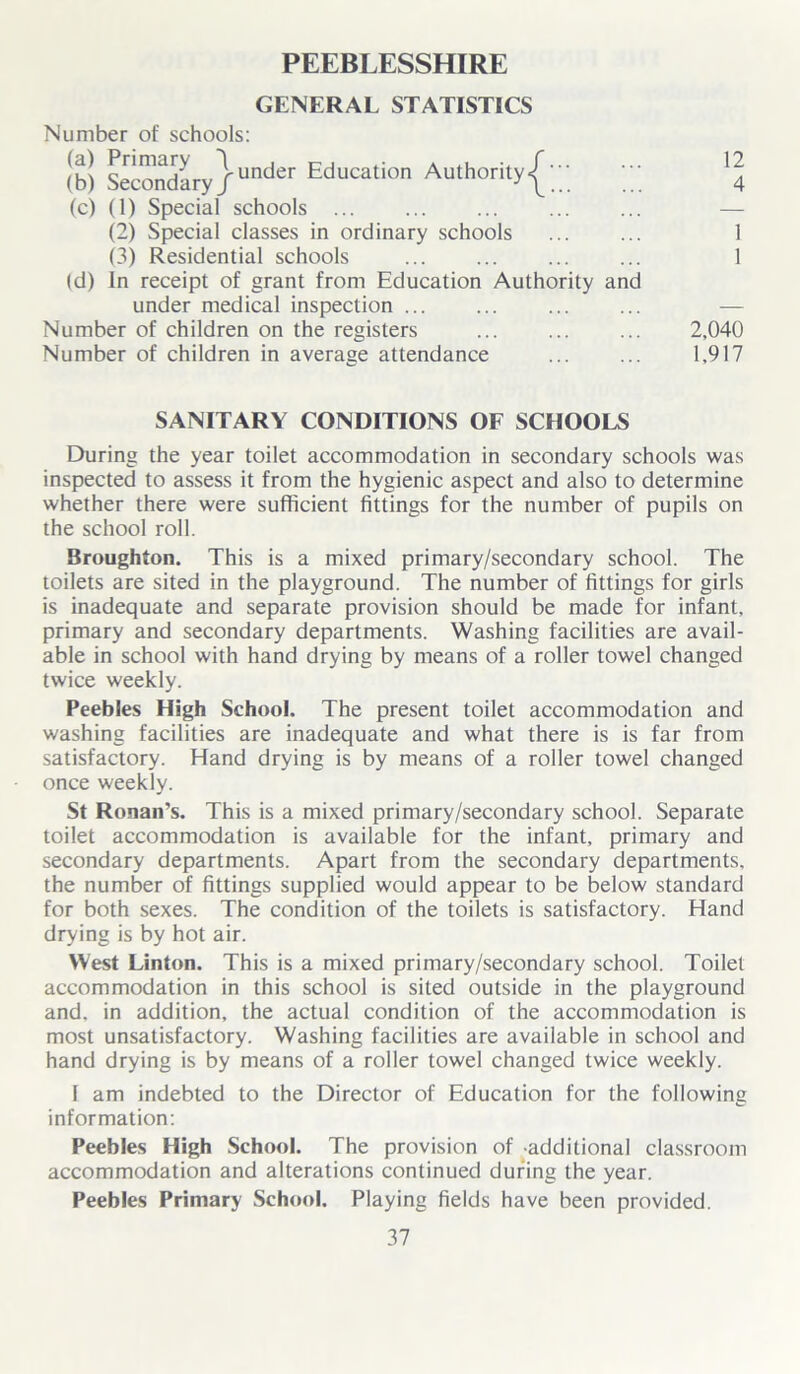 PEEBLESSHIRE GENERAL STATISTICS Number of schools: ,b) Secondary}under Education Authority^' ;;; X\ (c) (1) Special schools (2) Special classes in ordinary schools ... ... 1 (3) Residential schools 1 (d) In receipt of grant from Education Authority and under medical inspection — Number of children on the registers 2,040 Number of children in average attendance ... ... 1,917 SANITARY CONDITIONS OF SCHOOLS During the year toilet accommodation in secondary schools was inspected to assess it from the hygienic aspect and also to determine whether there were sufficient fittings for the number of pupils on the school roll. Broughton. This is a mixed primary/secondary school. The toilets are sited in the playground. The number of fittings for girls is inadequate and separate provision should be made for infant, primary and secondary departments. Washing facilities are avail- able in school with hand drying by means of a roller towel changed twice weekly. Peebles High School. The present toilet accommodation and washing facilities are inadequate and what there is is far from satisfactory. Hand drying is by means of a roller towel changed once weekly. St Ronan’s. This is a mixed primary/secondary school. Separate toilet accommodation is available for the infant, primary and secondary departments. Apart from the secondary departments, the number of fittings supplied would appear to be below standard for both sexes. The condition of the toilets is satisfactory. Hand drying is by hot air. West Linton. This is a mixed primary/secondary school. Toilet accommodation in this school is sited outside in the playground and. in addition, the actual condition of the accommodation is most unsatisfactory. Washing facilities are available in school and hand drying is by means of a roller towel changed twice weekly. 1 am indebted to the Director of Education for the following information: Peebles High School. The provision of additional classroom accommodation and alterations continued during the year. Peebles Primary School. Playing fields have been provided.