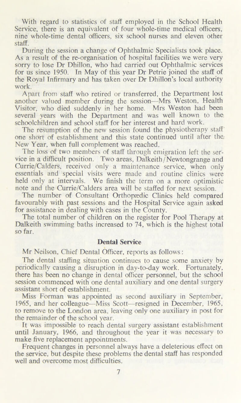With regard to statistics of staff employed in the School Health Service, there is an equivalent of four whole-time medical officers, nine whole-time dental officers, six school nurses and eleven other staff. During the session a change of Ophthalmic Specialists took place. As a result of the re-organisation of hospital facilities we were very sorry to lose Dr Dhillon, who had carried out Ophthalmic services for us since 1950. In May of this year Dr Petrie joined the staff of the Royal Infirmary and has taken over Dr Dhillon’s local authority work. Apart from staff who retired or transferred, the Department lost another valued member during the session—Mrs Weston, Health Visitor, who died suddenly in her home. Mrs Weston had been several years with the Department and was well known to the schoolchildren and school staff for her interest and hard work. The resumption of the new session found the physiotherapy staff one short of establishment and this state continued until after the New Year, when full complement was reached. The loss of two members of staff through emigration left the ser- vice in a difficult position. Two areas, Dalkeith/Newtongrange and Currie/Calders, received only a maintenance service, when only essentials and special visits were made and routine clinics were held only at intervals. We finish the term on a more optimistic note and the Currie/Calders area will be staffed for next session. The number of Consultant Orthopedic Clinics held compared favourably with past sessions and the Hospital Service again asked for assistance in dealing with cases in the County. The total number of children on the register for Pool Therapy at Dalkeith swimming baths increased to 74, which is the highest total so far. Dental Service Mr Neilson, Chief Dental Officer, reports as follows: The dental staffing situation continues to cause some anxiety by periodically causing a disruption in day-to-day work. Fortunately, there has been no change in dental officer personnel, but the school session commenced with one dental auxiliary and one dental surgery assistant short of establishment. Miss Forman was appointed as second auxiliary in September, 1965, and her colleague—Miss Scott—resigned in December, 1965, to remove to the London area, leaving only one auxiliary in post for the remainder of the school year. It was impossible to reach dental surgery assistant establishment until January, 1966, and throughout the year it was necessary to make five replacement appointments. Frequent changes in personnel always have a deleterious effect on the service, but despite these problems the dental staff has responded well and overcome most difficulties.