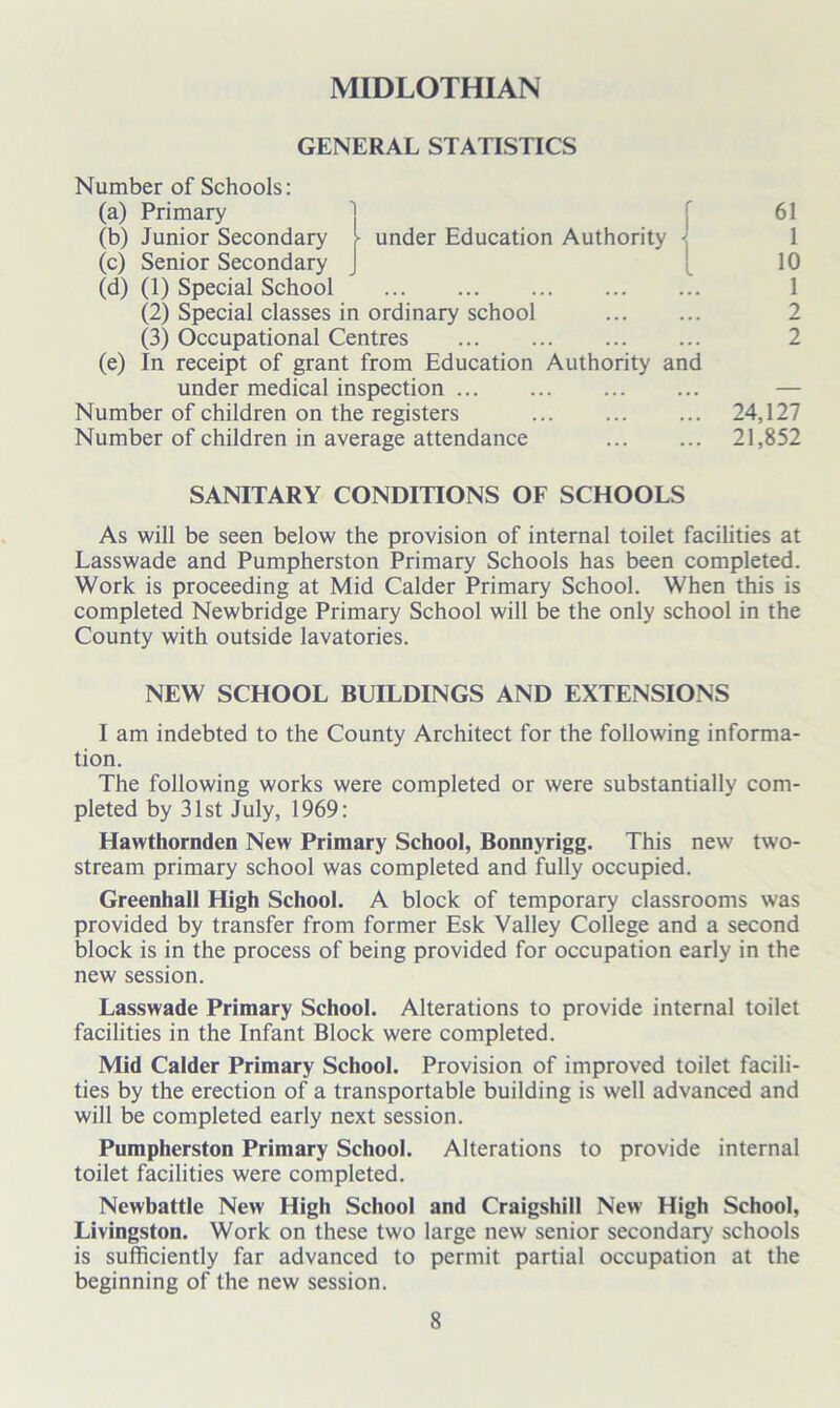 MIDLOTHIAN GENERAL STATISTICS Number of Schools: (a) Primary (b) Junior Secondary [ under Education Authority -j (c) Senior Secondary J (d) (1) Special School (2) Special classes in ordinary school (3) Occupational Centres (e) In receipt of grant from Education Authority and under medical inspection Number of children on the registers Number of children in average attendance 61 1 10 1 2 2 24,127 21,852 SANITARY CONDITIONS OF SCHOOLS As will be seen below the provision of internal toilet facilities at Lasswade and Pumpherston Primary Schools has been completed. Work is proceeding at Mid Calder Primary School. When this is completed Newbridge Primary School will be the only school in the County with outside lavatories. NEW SCHOOL BUILDINGS AND EXTENSIONS I am indebted to the County Architect for the following informa- tion. The following works were completed or were substantially com- pleted by 31st July, 1969: Hawthornden New Primary School, Bonnyrigg. This new two- stream primary school was completed and fully occupied. Greenhall High School. A block of temporary classrooms was provided by transfer from former Esk Valley College and a second block is in the process of being provided for occupation early in the new session. Lasswade Primary School. Alterations to provide internal toilet facilities in the Infant Block were completed. Mid Calder Primary School. Provision of improved toilet facili- ties by the erection of a transportable building is well advanced and will be completed early next session. Pumpherston Primary School. Alterations to provide internal toilet facilities were completed. Newbattle New High School and Craigshill New High School, Livingston. Work on these two large new senior secondary schools is sufficiently far advanced to permit partial occupation at the beginning of the new session.