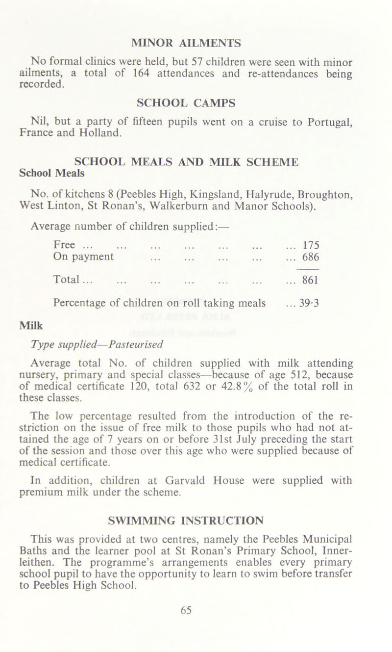 MINOR AILMENTS No formal clinics were held, but 57 children were seen with minor ailments, a total of 164 attendances and re-attendances being recorded. SCHOOL CAMPS Nil, but a party of fifteen pupils went on a cruise to Portugal, France and Holland. SCHOOL MEALS AND MILK SCHEME School Meals No. of kitchens 8 (Peebles High, Kingsland, Halyrude, Broughton, West Linton, St Ronan’s, Walkerburn and Manor Schools). Average number of children supplied:— Free 175 On payment 686 Total 861 Percentage of children on roll taking meals ... 39-3 Milk Type supplied—Pasteurised Average total No. of children supplied with milk attending nursery, primary and special classes—because of age 512, because of medical certificate 120, total 632 or 42.8% of the total roll in these classes. The low percentage resulted from the introduction of the re- striction on the issue of free milk to those pupils who had not at- tained the age of 7 years on or before 31st July preceding the start of the session and those over this age who were supplied because of medical certificate. In addition, children at Garvald House were supplied with premium milk under the scheme. SWIMMING INSTRUCTION This was provided at two centres, namely the Peebles Municipal Baths and the learner pool at St Ronan’s Primary School, Inner- leithen. The programme’s arrangements enables every primary school pupil to have the opportunity to learn to swim before transfer to Peebles High School.