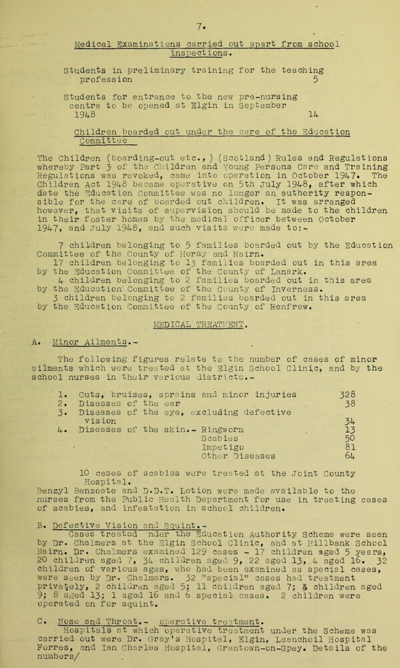 ■ Medical Examinations carried out apart from school inspect ions. Students in preliminary training for the teaching profession 5 Students for entrance to the new pre-nursing centre to be opened at Elgin in September 1948 ' 14 Children boarded out under the care of the Education Committee The Children (boarding-out etc., ) (Scotland) Rules and Regulations whereby Part 3 of the Children and Young Persons Care and Training Regulations was revoked, came into operation in October 1947* The Children Act 1948 became operative on 5th July 1948, after which date the Education Committee was no longer an authority respon- sible for the care of boarded out children. It was arranged however, that visits of supervision should be made to the children in their foster homes by the medical officer between October 1947, and July 1948, and such visits were made to:- 7 children belonging to 5 families boarded out by the Education Committee of the County of Moray and Nairn. 17 children belonging to 13 families boarded out in this area by the Education Committee of the County of Lanark. 4 children belonging to 2 families boarded out in this area by the Education Committee of the County of Inverness. 3 children belonging to 2 families boarded out in this area by the Education Committee of the County_of Renfrew. MEDICAL TREATMENT. A. Minor Ailments.- The following figures relate to the number of cases of minor ailments which were treated at the Elgin School Clinic, and by the school nurses in their various districts.- 1. Cuts, bruises, sprains and minor injuries 3 28 2. Diseases of the ear 38 3. Diseases of the eye, e xcluding d efective vis ion 34 4. Diseases of the skin.- ■ Ringworm 13 Scabies 50 Impetigo 81 Other Dis eases 64 10 cases of scabies were treated at the Joint County Hospital. Benzyl Benzoate and D.D.T. Lotion were made available to the nurses from the Public Health Department for use in treating cases of scabies,.and infestation in school children. B. Defective Vision and Squint.- Cases treated .nder the Education Authority scheme were seen by Dr. Chalmers at the Elgin School Clinic, and at Millbank School Nairn. Dr. Chalmers examined 129 cases - 17 children aged 5 years, 20 children aged 7, 34 children aged 9, 22 aged 13,4 aged l6. 32 children of various ages, who had. been examined as special cases, were seen by Dr. Chalmers. 32 ’’special cases had treatment privately, 2 children aged 5; 11 children aged 7; 4 children aged 9; 8 aged 13; 1 aged 16 and 6 special cases. 2 children were operated on for squint. C. Nose and Throat.- operative treatment. ■ Hospitals at which operative treatment under the Scheme was carried out were Dr. Cray’s Hospital, Elgin, Leanchoil Hospital Forres, and Ian Charles Hospital, Grantown-on-Spey. Details of the numbers/