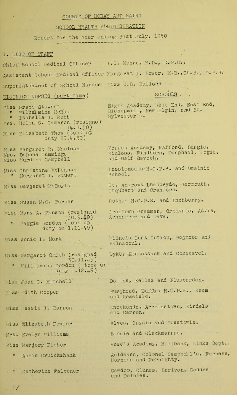 COUNTY OF MORAY AND NAIRN SCHOOL HEALTH ADMINISTRATION Report, for the Year ending 31st July, 1950 1. LIST OF STAFF Chief School Medical Officer I.C. Monro, M.D., D.P.H., Assistant School Medical Officer Margaret. I. Bower, B., Ch. 3., 0«iMi Superintendent of School Nurses Miss C.B. Bulloch DISTRICT NURSES (part-time) SCHO'OLS . Miss Grace Stewart  Milhelrnina McRae ” Isabella J. Robb Mrs. Helen S. Cameron (resigned 14.2.50) Miss Elizabeth Thow (took up duty 29.4-.50) Elgin Academy, Vest End, East End, Bi.shopmill, New Elgin, and St. Sylvester 9 s. Miss Margaret R. Maclean Mrs, Daphne Cummings Miss Murdina Campbell Forres Academy, Rafford, Burgie, Kinloss, Findhorn, Dunphail, Logie, and Half Davoch. Miss Christina McLennan-  Margaret I. Stuart Lossiemouth■H.G.P.S. and Drainie School. Miss Margaret McBoyle St. Andrews Lhanbryde, Garmouth, Urquhart and Cranioch. Miss Susan M.G. Turner Rothes .HoGoP.S. and Inchberry. Miss Mary A. Mans on (resigned 30.9.49) h Maggie Gordon (took up duty on 1.11.49) Grantown Grammar, Cromdale, Advie, Achnarrow and Dava. Miss Annie L. Mark. Milne is institution, Bogmoor and Balnacoul. Kiss Margaret Smith (resigned 30.11.49) Dyke, -Kintessack and Conicavel.  Milliamina Cordon ( took up duty 1. 12.49 ) Miss jean G. Mit’chell Dallas, Kellas and pluscarden. iss Edith Cooper Burghead, Duffb. s H.G.P.S., Keam and Rose isle. Miss Jessie J. Barron Knockando, Archiestown, Kirdels and Carron. Miss Elizabeth Fowler Alves, Spynie and Mosstowie. Mrs. Evelyn williams Birnie and Clackmarras. Miss Marjory Fisher Rose’s Academy, Millbank, Links Dept.,  Annie Cruickshank Auldearn, Colonel Campbell’s, Ferness, Moyness and Fornighty.  Catherine Falconer Cawdor, Clunas, Barivan, Geddes and Delnies. V