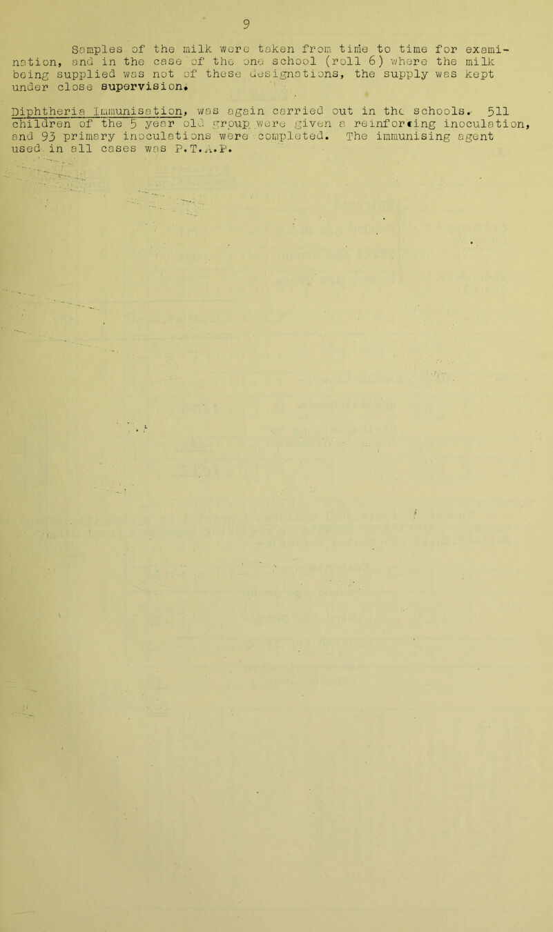 Samples of the milk were taken from time to time for exami- nation, and in the case of the one school (roll 6) where the milk being supplied was not of these designations, the supply was kept under close supervision* Diphtheria Immunisation, was again carried out in the schools. 511 children of the 5 year old group, were given a reinforcing inoculation, and 93 primary inoculations were •. completed. The immunising agent used.in all cases was P.T.A.P.