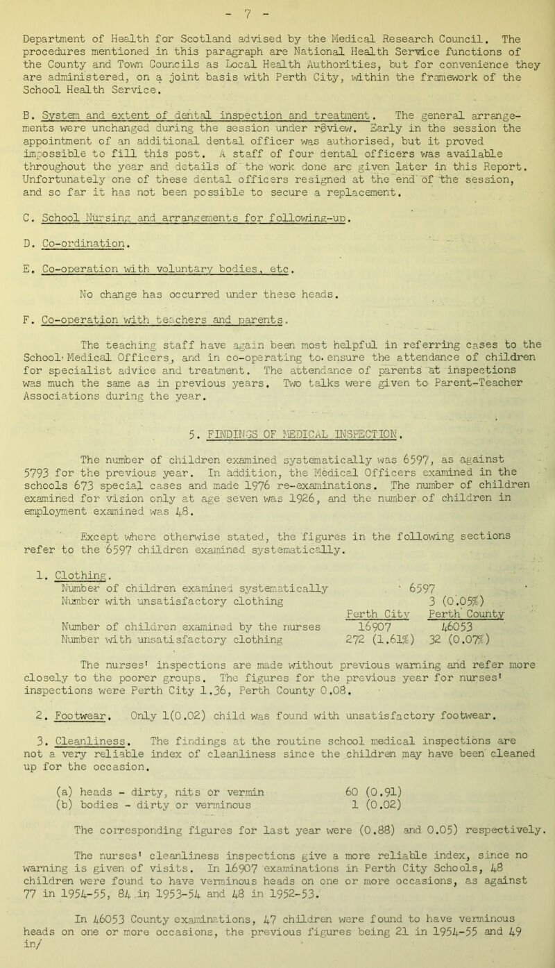 Department of Health for Scotland advised by the Medical Research Council. The procedures mentioned in this paragraph are National Health Service functions of the County and Town Councils as Local Health Authorities, but for convenience they are administered, on a joint basis with Perth City, within the framework of the School Health Service. B. System and extent of dental inspection and treatment. The general arrange- ments were unchanged during the session under review. Early in the session the appointment of an additional dental officer was authorised, but it proved impossible to fill this post. A staff of four dental officers was available throughout the year and details of the work done are given later in this Report. Unfortunately one. of these dental officers resigned at the end of the session, and so far it has not been possible to secure a replacement. C. School Nursing and arrangements for following-up. D. Co-ordination. E. Co-operation with voluntary bodies, etc. No change has occurred under these heads. F. Co-operation with teachers and parents. The teaching staff have again been most helpful in referring cases to the School’Medical Officers, and in co-operating to. ensure the attendance of children for specialist advice and treatment. The attendance of parents' at inspections was much the same as in previous years. Two talks were given to Parent-Teacher Associations during the year. 5. FINDINGS OF MEDICAL INSPECTION. The number of children examined systematically was 6597, as against 5793 for the previous year. In addition, the Medical Officers examined in the schools 673 special cases and made 1976 re-examinations. The number of children examined for vision only at age seven was 1926, and the number.of children in employment examined was 48. Except where otherwise stated, the figures in the following sections refer to the '6597 children examined systematically. 1. Clothing. Number of children examined systematically Number with unsatisfactory clothing Number of children examined by the nurses Number with unsatisfactory clothing ' 6597 3 (0.05%) Perth City Perth' County 16907 46053 272 (1.61$) 32 (0.07/0 The nurses' inspections are made without previous warning and refer more closely to the poorer groups. The figures for the previous year for nurses' inspections were Perth City 1.36, Perth County 0.08. 2. Footwear. Only 1(0.02) child was found with unsatisfactory footwear. 3. Cleanliness. The findings at the routine school medical inspections are not a very reliable index of cleanliness since the children may have been' cleaned up for the occasion. (a) heads - dirty, nits or vermin 60 (0.91) (b) bodies - dirty or verminous 1 (0.02) The corresponding figures for last year were (0.88) and 0.05) respectively. The nurses' cleanliness inspections give a more reliable index, since no warning is given of visits. In 16907 examinations in Perth City Schools, 48 children were found to have verminous heads on one or more occasions, as against 77 in 1954-55, 84.in 1953-54 and 48 in 1952-53. In 46053 County examinations, 47 children were found to have verminous heads on one or more occasions, the previous figures being 21 in 1954-55 and 49 in/