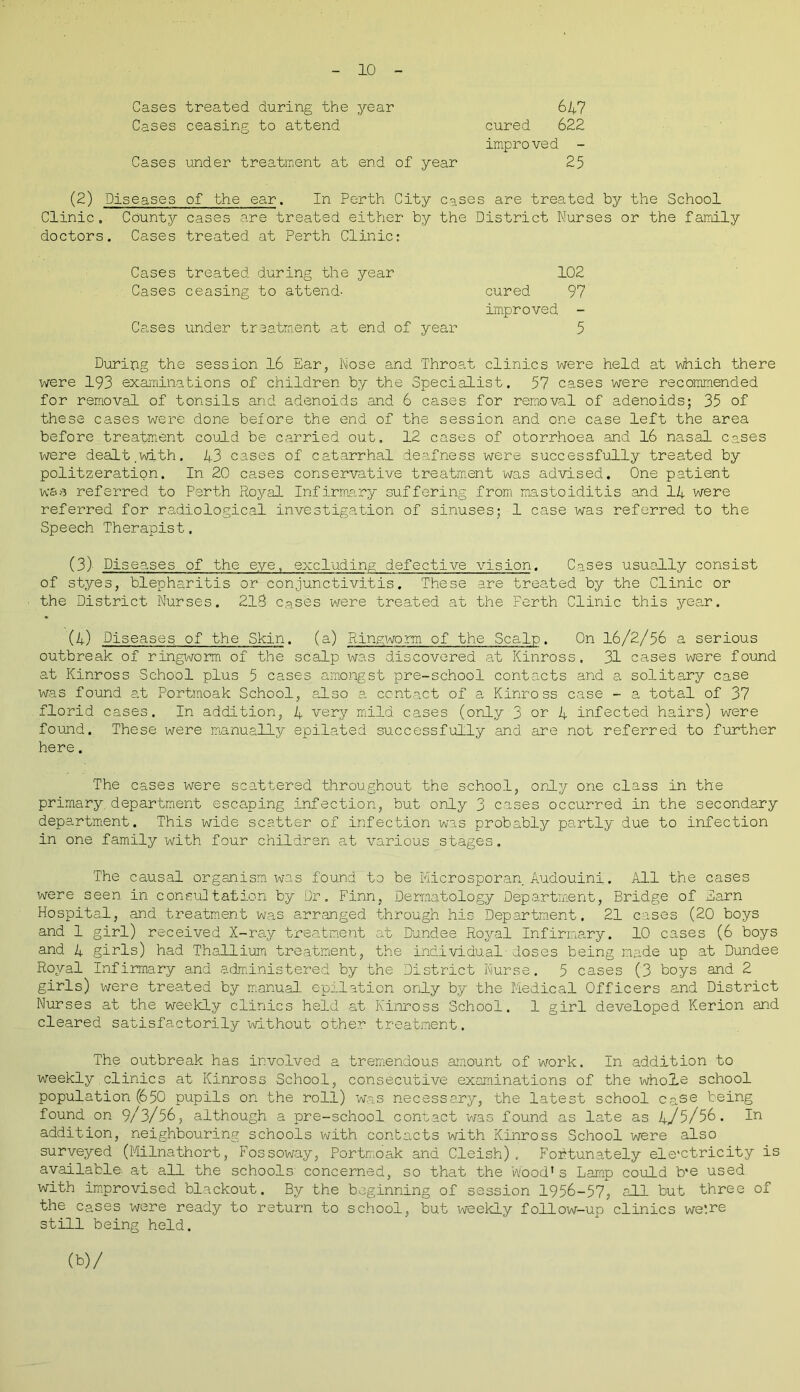 Cases treated during the year 647 Cases ceasing to attend cured 622 improved - Cases under treatment at end of year 25 (2) Diseases of the ear. In Perth City cases are treated by the School Clinic. County cases are treated either by the District Nurses or the family doctors. Cases treated at Perth Clinic: Cases treated during the year 102 Cases ceasing to attend- cured 97 improved - Cases under treatment at end of year 5 During the session 16 Ear, Nose and Throat clinics were held at which there were 193 examinations of children by the Specialist. 57 cases were recommended for removal of tonsils and adenoids and 6 cases for removal of adenoids; 35 of these cases were done before the end of the session and one case left the area before treatment could be carried out. 12 cases of otorrhoea and 16 nasal cases were dealt.with. 43 cases of catarrhal deafness were successfully treated by politzeration. In 20 cases conservative treatment was advised. One patient was referred to Perth Royal Infirmary suffering from mastoiditis and 14 were referred for radiological investigation of sinuses; 1 case was referred to the Speech Therapist. (3) Diseases of the eye, excluding defective vision. Cases usually consist of styes, blepharitis or conjunctivitis. These are treated by the Clinic or the District Nurses. 213 cases ’were treated at the Perth Clinic this year. (4) Diseases of the Skin. (a) Ringworm of the Scalp. On 16/2/56 a serious outbreak of ringworm of the scalp was discovered at Kinross. 31 cases were found at Kinross School plus 5 cases amongst pre-school contacts and a solitary case was found at Portmoak School, also a contact of a Kinross case - a total of 37 florid cases. In addition, 4 very mild cases (only 3 or 4 infected hairs) were found. These were manually epilated successfully and are not referred to further here. The cases were scattered throughout the school, only one class in the primary, department escaping infection, but only 3 cases occurred in the secondary department. This wide scatter of infection was probably partly due to infection in one family with four children at various stages. The causal organism was found to be Microsporan Audouini. All the cases were seen in consultation by Dr. Finn, Dermatology Department, Bridge of Earn Hospital, and treatment was arranged through his Department. 21 cases (20 boys and 1 girl) received X-ray treatment at Dundee Royal Infirmary. 10 cases (6 boys and 4 girls) had Thallium treatment, the individual doses being made up at Dundee Royal Infirmary and administered by the District Nurse. 5 cases (3 boys and 2 girls) were treated by manual epilation only by the Medical Officers and District Nurses at the weekly clinics held at Kinross School. 1 girl developed Kerion and cleared satisfactorily without other treatment. The outbreak has involved a tremendous amount of work. In addition to weekly clinics at Kinross School, consecutive examinations of the whole school population (650 pupils on the roll) was necessary, the latest school case being found on 9/3/56, although a pre-school contact was found as late as 4/5/56. In addition, neighbouring schools with contacts with Kinross School were also surveyed (Milnathort, Fossoway, Portmoak and Cleish) , Fortunately ele'ctricity is available, at all the schools concerned, so that the Wood’s Lamp could b'e used with improvised blackout. By the beginning of session 1956-57, all but three of the cases were ready to return to school, but weekly follow-up clinics we:re still being held. (b)/
