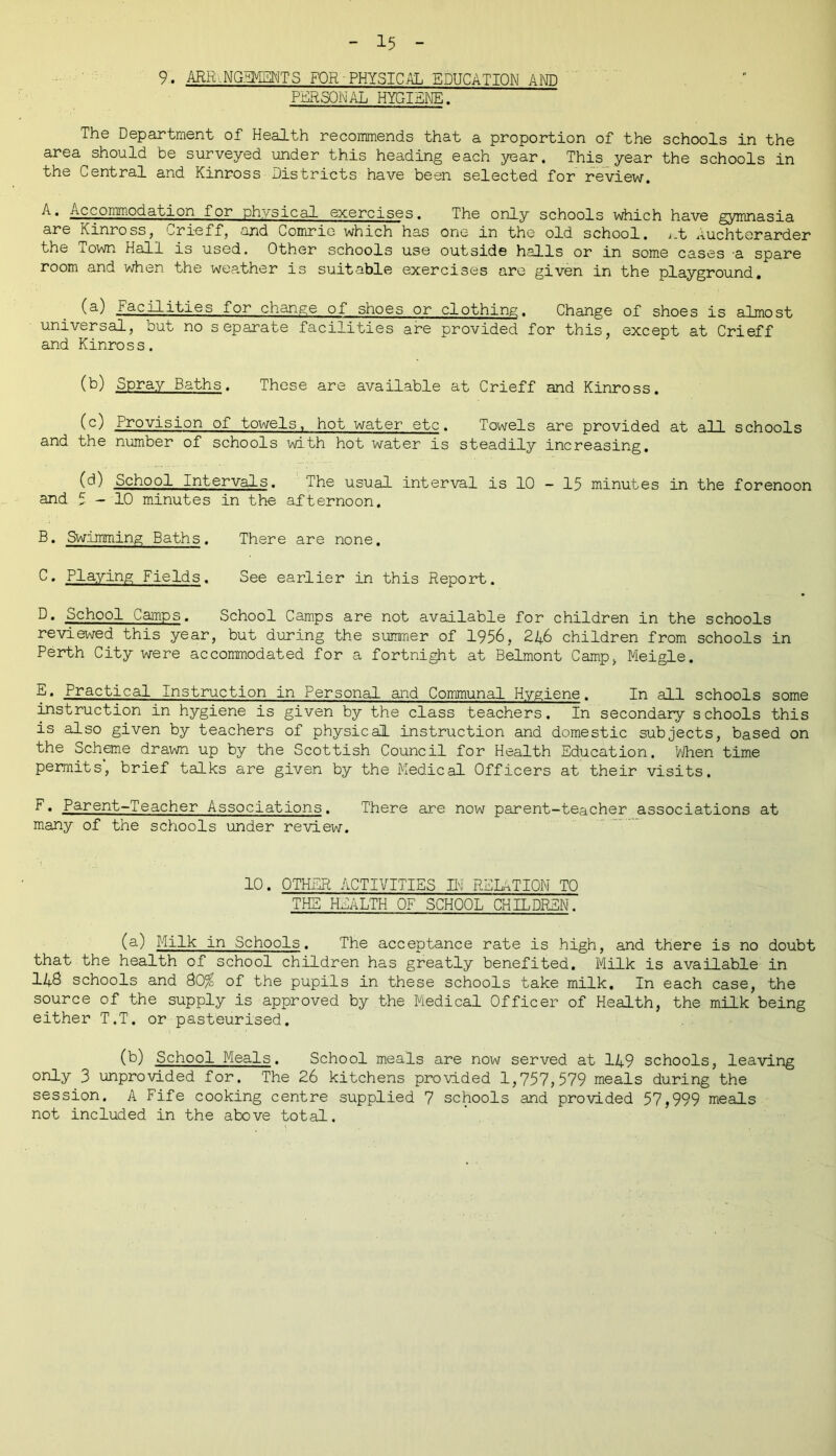 9. ARRANGEMENTS FOR PHYSICAL EDUCATION AND PERSONAL HYGIENE. The Department of Health recommends that a proportion of the schools in the area should be surveyed under this heading each year. This year the schools in the Central and Kinross Districts have been selected for review. ^• Accommodation for physical exercises. The only schools which have gymnasia are Kinross, orieff, and Comrie which has one in the old school, j.t Auchtorarder the Town Hall is used. Other schools use outside h-ells or in some cases -a spare room and when the weather is suitable exercises are given in the playground, (a) Facilities for change of shoes or clothing. Change of shoes is almost universal, but no separate facilities are provided for this, except at Crieff and Kinross. (b) Spray Baths. These are available at Crieff and Kinross. (c) Provision of towels, hot water etc. Towels are provided at all schools and the number of schools with hot water is steadily increasing. (d) School Intervals. The usual interval is 10 - 15 minutes in the forenoon and 5-10 minutes in the afternoon. B. Swimming Baths. There are none. C. Playing Fields. See earlier in this Report. D. School Camps. School Camps are not available for children in the schools reviewed this year, but during the summer of 1956, 246 children from schools in Perth City were accommodated for a fortnight at Belmont Camp, Meigle. F. Practical Instruction in Personal and Communal Hygiene. In all schools some instruction in hygiene is given by the class teachers. In secondary schools this is also given by teachers of physical instruction and domestic subjects, based on the Scheme drawn up by the Scottish Council for Health Education. When time permits', brief talks are given by the Medical Officers at their visits. F. Parent-Teacher Associations. There are now parent-teacher associations at many of the schools under review. 10. OTHER ACTIVITIES IN RELATION TO THE HEALTH OF SCHOOL CHILDREN. (a) Milk in Schools. The acceptance rate is high, and there is no doubt that the health of school children has greatly benefited. Milk is available in 14$ schools and &Q% of the pupils in these schools take milk. In each case, the source of the supply is approved by the Medical Officer of Health, the milk being either T.T. or pasteurised. (b) School Meals. School meals are now served at 149 schools, leaving only 3 unprovided for. The 26 kitchens provided 1,757,579 meals during the session. A Fife cooking centre supplied 7 schools and provided 57,999 meals not included in the above total.