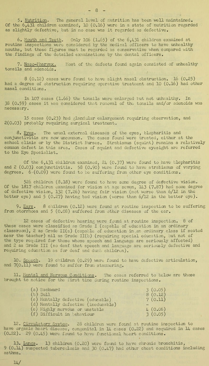 5. Nutrition. The general level of nutrition has been well maintained. Of the 6,431 children examined, 10 (0.16) were in a state of nutrition regarded as slightly defedtive, but in no case was it regarded as defective. 6. Mouth and Teeth. Only 106 (1.65) of the 6,431 children examined at routine inspections were considered by the medical officers to have unhealthy mouths, but these figures must be regarded as conservative when compared with the findings of the detailed examinations by the dental officers. 7* Naso-Fharynx. Most of the defects found again consisted of unhealthy tonsils and adenoids. 8 (0.12) cases were found to have slight nasal obstruction. 16 (0.25) had a degree of obstruction requiring operative treatment and 10 (0.16) had other nasal conditions. In 107 cases (1.66) the tonsils were enlarged but not unhealthy. In 38 (0.59) cases it was considered that removal of the tonsils and/or adenoids was necessary. 15 cases (0.23) had glandular enlargement requiring observation, and 2(0.03) probably requiring surgical treatment. 8. Eyes. The usual external diseases of the eyes, blepharitis and conjunctivitis are now uncommon. The cases found were treated, either at the school clinic or by the District Nurses. Strabismus (squint) remains a relatively common defect in this area. Cases of squint and defective eyesight are referred to the Eye Specialist. Of the 6,431 children examined, 24 (0.37) were found to have blepharitis and 2 (0.03) conjunctivitis. 58 (0.90) were found to have strabismus of varying degrees. 6-(0.09) were found to be suffering from other eye conditions. 526 children (8.18) were found to have some degree of defective vision. Of the 1817 children examined for vision at age seven, 143 (7.87) had some degree of defective vision, 132 (7.26) having fair vision (not worse than 6/12 in the better eye) and 5 (0.27) having bad vision (worse than 6/12 in the better eye). 9. Ears. 8 children (0.12) were found at routine inspection to be suffering from otorrhoea and 5 (0.08) suffered from other diseases of the ear. 12 cases of defective hearing were found at routine inspection. 8 of these cases were classified as Grade I (capable of education in an ordinary classroom), 2 as Grade 11(a) (capable of education in.an ordinary class if seated near the tdacher) nil as Grade 11(b) (requiring special education, but not of the type required for those whose speech and language are seriously affected) and 2 as Grade III (so deaf that speech and language are seriously defective and requiring education as for deaf and dumb children). 10. Speech. 19 children (0.29) were found to have defective articulation, and 7(0.11) were found to suffer from stammering. 11. Mental and Nervous Conditions. The cases referred to below are those brought to notice for the first time during routine inspections. (a) Backward 3 (0.05) (b) Dull 8 (0.12) (c) Mentally defective (educable) 7 (0.11) (d) Mentally defective (ineducable) (e) Highly nervous or unstable 4 (0.06) (f) Difficult in behaviour 3 (0.05) 12. Circulatory System. 28 children were found at routine inspection to have organic heart disease, congenital in 14 cases (0.22) and acquired in 14 cases (0.22). 29 (0.45) were found to ha ve functional heart conditions. 13. Lungs. 13 children (0.20) were found to have chronic bronchitis, 9 (0.14) suspected tuberculosis and 30 (0.47) had other chest conditions including asthma. 14/