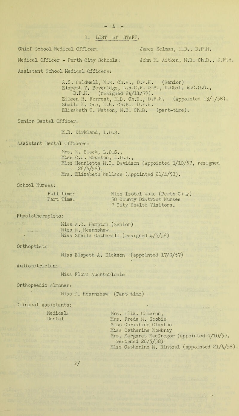 1. LIST of STAFF. Chief School Medical Officer: James Kelman, M.D., D.P.H. Medical Officer - Perth City Schools: John M. Aitken, M.B. Ch.B., D.P.H. Assistant School Medical Officers: A.S. Caldwell, M.B. Ch.B., D.P.H. (Senior) Elspeth V. Beveridge, L.R.C.P. & S., D.Obst. R.C.O.G., D.P.H. (resigned 24/11/57). Eileen R. Forrest, M.B. Ch.B., D.P.H. (Appointed 13/1/58). Sheila M. Ore, M.B. Ch.B., D.P.H. Elizabeth T. Watson, M.B. Ch.B. (part-time). Senior Dental Officer: M.R. Kirkland, L.D.S. Assistant Dental Officers: Firs. M. Black, L.D.S., Miss C.J. Brunton, L.D.S., Miss Henrietta M.T. Davidson (Appointed 1/10/57, resigned 26/6/58), Mrs. Elizabeth Wallace (Appointed 21/4/58). School Nurses: Full time: Miss Isobel 'wake (Perth City) Part Time: 50 County District Nurses 7 City Health Visitors. Physiotherapists: Miss A.C. Hampton (Senior) .. . Miss M. Hearnshaw Miss Sheila Gatherall (resigned 4/7/58) Orthoptist: Miss Elspeth A. Dickson (appointed 17/9/57) Audiometrician: Miss Flora Auchterlonie Orthopaedic Almoner: Miss M. Hearnshaw (Part time) Clinical Assistants: Medical: Mrs. Eliz. Cameron, Dental Mrs. Freda K. Scobie Miss Christine Clayton Miss Catherine Mowbray Mrs. Margaret MacGregor (appointed 7/10/57, resigned 26/5/58) Miss Catherine M. Rintoul (appointed 21/4/58). 2/