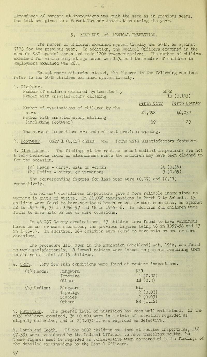 attendance of parents at inspections was much the same as in previous years. One talk was given to a Parent-Teacher Association during the year. 5. FINDINGS of I EPICAL INSPECTION. The number of children examined systematically was 6032, as against 7173 for the previous year. In addition, the Medical Officers examined in the schools 980 special cases and made 1206 re-examinations. The number of children examined for vision only at age seven was 1634 and the number of children in employment examined was 265. Except where otherwise stated, the figures in the following sections refer to the 6032 children examined systematically. 1. Clothing. Number of children examined system tically o032 Number with unsatisfactory clothing 10 (0.17a>) Perth City Perth County Number of examinations of children by the nurses 21,096 46,037 Number with unsatisfactory clothing (including footwear) 19 29 The nurses’ inspections are made without previous warning. 2. Footwear. Only 1 (0.02) child was found with unsatisfactory footwear. 3. Cleanliness. The findings at the routine school medical inspections are not a very reliable index of cleanliness since the children may have been cleaned up for the occasion. (a) Heads - dirty, nits or vermin 34 (0.56) (b) Bodies - dirty, or verminous 3 (0.05) The corresponding figures for last-year were (0.77) and (0.11) respectively. .... The nurses’ cleanliness inspections give a more reliable index since no warning is given of visits. In 21,098 examinations in Perth City Schools, 43 children were found to have-verminous heads on one or more occasions, as against 42 in 1957-58, 35 in 1956-57 and 48 in 1955-56. In addition 234 children were found to have nits on one or more occasions. In 46,Q37 County examinations, 43 children v.ere found to have verminous heads on one or more occasions, the previous figures being 56 in 1957-58 and 43 in 1956-57. In addition, 169 children were found to have nits on one or more occasions. The procedure lai^. down in the Education (Scotland) Act, 1946, was found to work satisfactorily. 8 formal notices were issued to parents requiring them to cleanse a total of 15 children. 4. Skin. Very few skin conditions were found at routine inspections. (a) Heads: Ringworm Nil Impetigo 1 (0.02) Others 18 (0.3) (b) Bodies: Ringworm Nil Impetigo 2 (0.03) Scabies 2 (0.03) Others 88 (1.46) 5, Nutrition. The general level of nutrition has been well maintained. Of the 6032 children examined, 36 (0.60) were in a state of nutrition regarded as slightly defective, and in 2(0.03) it was regarded as defective. 6. Mouth and Teeth. Of the 6032 children examined at routine inspections, 442 (7.33) were considered by the Medical Officers to have unhealthy mouths, but these figures must be regarded as conservative when compared with the findings of the detailed examinations by the Dental Officers. 7/