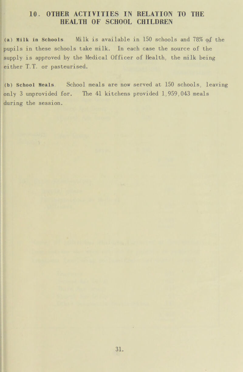 10. OTHER ACTIVITIES IN RELATION TO THE HEALTH OF SCHOOL CHILDREN (a) Milk in Schools Milk is available in 150 schools and 78% of the pupils in these schools take milk. In each case the source of the supply is approved by the Medical Officer of Health, the milk being either T.T. or pasteurised. (b) School Meals School meals are now served at 150 schools, leaving only 3 unprovided for. The 41 kitchens provided 1,959,043 meals during the session.
