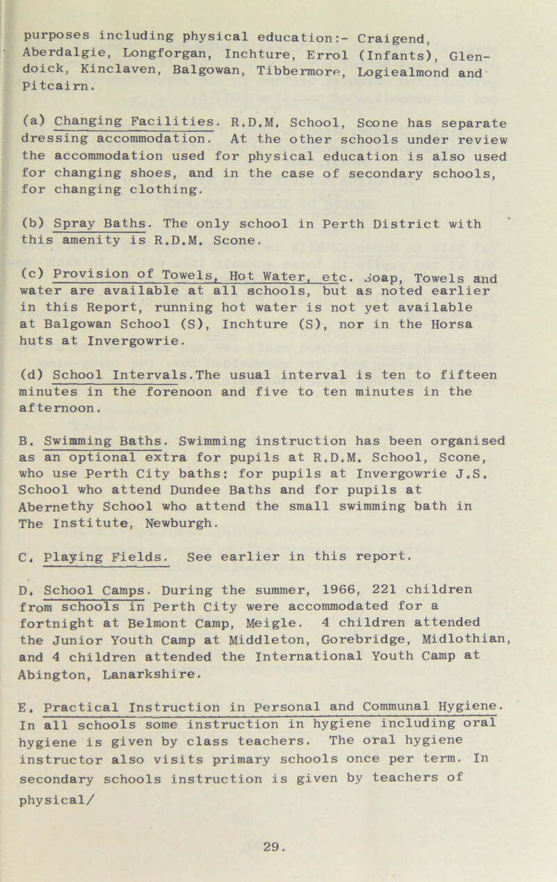 purposes including physical education:- Craigend, Aberdalgie, Longforgan, Inchture, Errol (Infants), Glen- doick, Kinclaven, Balgowan, Tibbermore, Logiealmond and Pitcairn. (a) Changing Facilities. R.D.M. School, Scone has separate dressing accommodation. At the other schools under review the accommodation used for physical education is also used for changing shoes, and in the case of secondary schools, for changing clothing. (b) Spray Baths. The only school in Perth District with this amenity is R.D.M. Scone. Provision of Towels, Hot Water, etc. Joap, Towels and water are available at all schools, but as noted earlier in this Report, running hot water is not yet available at Balgowan School (S), Inchture (S), nor in the Horsa huts at Invergowrie. (d) School Intervals.The usual interval is ten to fifteen minutes in the forenoon and five to ten minutes in the afternoon. B. Swimming Baths. Swimming instruction has been organised as an optional extra for pupils at R.D.M. School, Scone, who use Perth City baths: for pupils at Invergowrie J.S. School who attend Dundee Baths and for pupils at Abernethy School who attend the small swimming bath in The Institute, Newburgh. C. Playing Fields. See earlier in this report. D, School Camps. During the summer, 1966, 221 children from schools in Perth City were accommodated for a fortnight at Belmont Camp, Meigle. 4 children attended the Junior Youth Camp at Middleton, Gorebridge, Midlothian, and 4 children attended the International Youth Camp at Abington, Lanarkshire. E. Practical Instruction in Personal and Communal Hygiene. In all schools some instruction in hygiene including oral hygiene is given by class teachers. The oral hygiene instructor also visits primary schools once per term. In secondary schools instruction is given by teachers of physical/