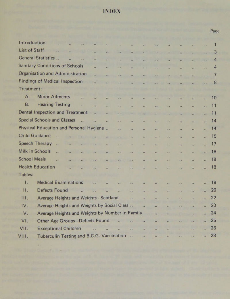 indkx Page Introduction .. .. .. „ _ i List of Staff 3 General Statistics 4 Sanitary Conditions of Schools .. .. .. .. .. 4 Organisation and Administration 7 Findings of Medical Inspection 8 Treatment: A. Minor Ailments 10 B. Hearing Testing 11 Dental Inspection and Treatment 11 Special Schools and Classes 14 Physical Education and Personal Hygiene 14 Child Guidance 15 Speech Therapy 17 Milk in Schools .. 18 School Meals 18 Health Education 18 Tables: I. Medical Examinations 19 II. Defects Found 20 III. Average Heights and Weights - Scotland 22 IV. Average Heights and Weights by Social Class 23 V. Average Heights and Weights by Number in Family 24 VI. Other Age Groups - Defects Found 25 VII. Exceptional Children 26 VIII. Tuberculin Testing and B.C.G. Vaccination .. .. .. .. .. .. .. 28