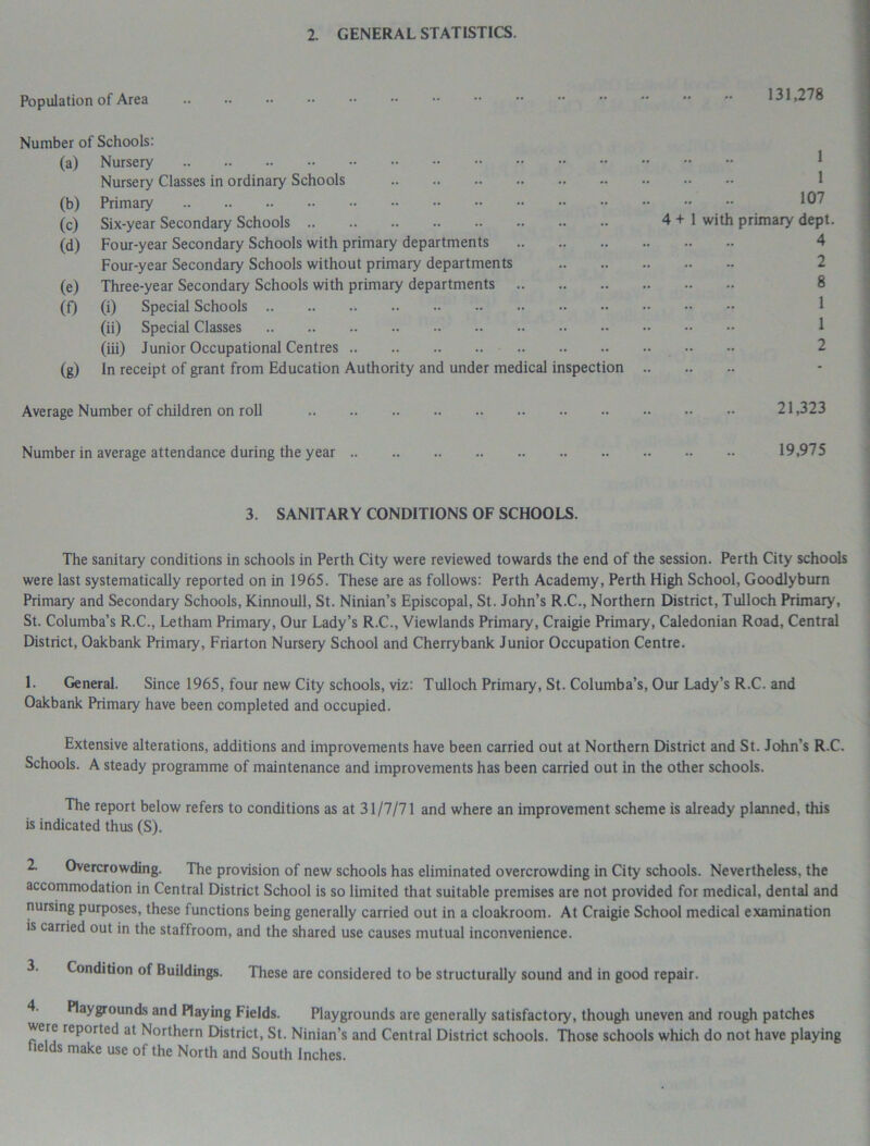 Population of Area 131,278 Number of Schools: (a) Nursery (b) (c) (d) (e) (0 (g) Nursery Classes in ordinary Schools Primary Six-year Secondary Schools Four-year Secondary Schools with primary departments Four-year Secondary Schools without primary departments Three-year Secondary Schools with primary departments (i) Special Schools (ii) Special Classes (iii) Junior Occupational Centres In receipt of grant from Education Authority and under medical inspection Average Number of children on roll Number in average attendance during the year .. 1 1 107 4 + 1 with primary dept. 4 2 8 1 1 2 21,323 19,975 3. SANITARY CONDITIONS OF SCHOOLS. The sanitary conditions in schools in Perth City were reviewed towards the end of the session. Perth City schools were last systematically reported on in 1965. These are as follows: Perth Academy, Perth High School, Goodlyburn Primary and Secondary Schools, Kinnoull, St. Ninian’s Episcopal, St. John’s R.C., Northern District, Tulloch Primary, St. Columba’s R.C., Letham Primary, Our Lady’s R.C., Viewlands Primary, Craigie Primary, Caledonian Road, Central District, Oakbank Primary, Friarton Nursery School and Cherrybank Junior Occupation Centre. 1. General. Since 1965, four new City schools, viz: Tulloch Primary, St. Columba’s, Our Lady’s R.C. and Oakbank Primary have been completed and occupied. Extensive alterations, additions and improvements have been carried out at Northern District and St. John’s R.C. Schools. A steady programme of maintenance and improvements has been carried out in the other schools. The report below refers to conditions as at 31/7/71 and where an improvement scheme is already planned, this is indicated thus (S). 2. Overcrowding. The provision of new schools has eliminated overcrowding in City schools. Nevertheless, the accommodation in Central District School is so limited that suitable premises are not provided for medical, dental and nursing purposes, these functions being generally carried out in a cloakroom. At Craigie School medical examination is carried out in the staffroom, and the shared use causes mutual inconvenience. 3. Condition of Buildings. These are considered to be structurally sound and in good repair. 4. Playgrounds and Playing Fields. Playgrounds are generally satisfactory, though uneven and rough patches were reported at Northern District, St. Ninian’s and Central District schools. Those schools which do not have playing fields make use of the North and South Inches.
