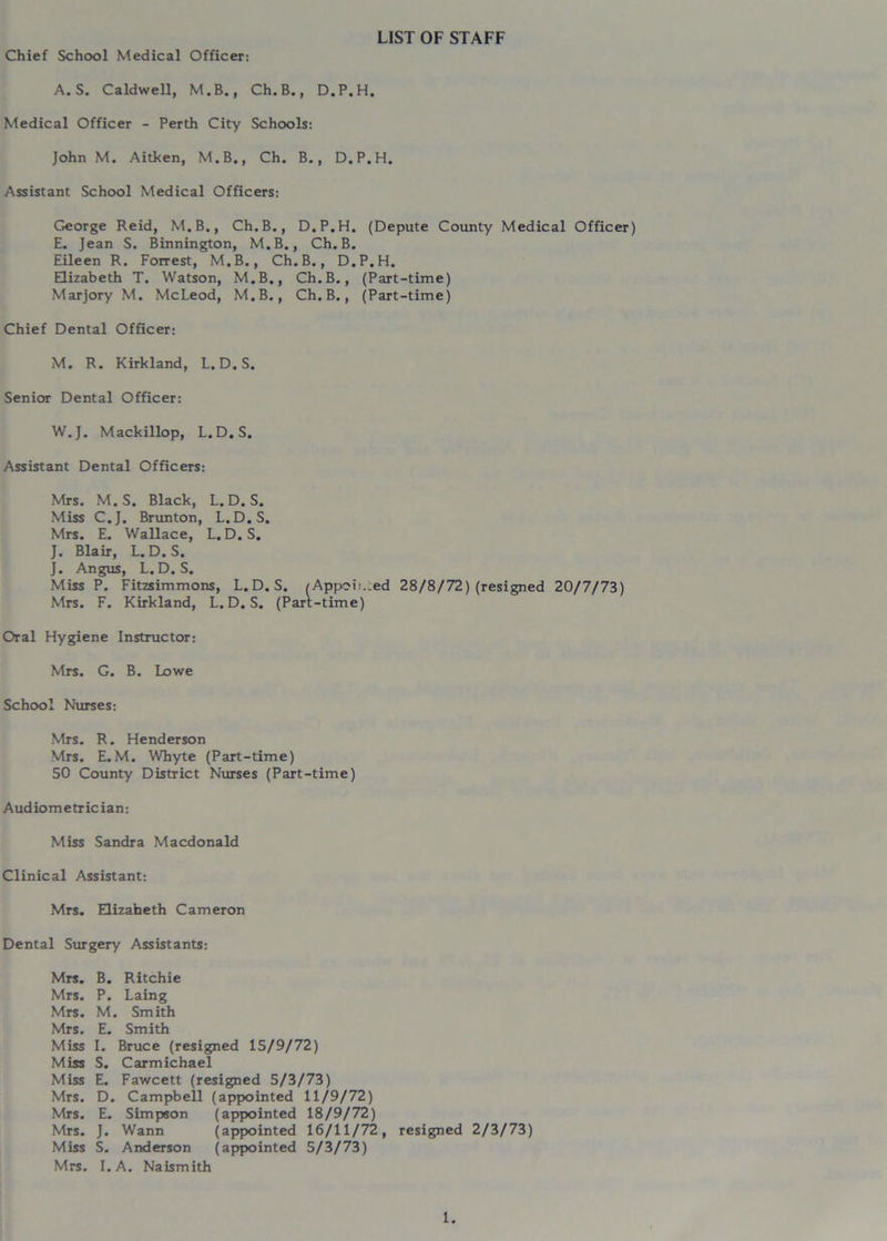LIST OF STAFF Chief School Medical Officer: A. S. Caldwell, M.B., Ch. B., D.P.H. Medical Officer - Perth City Schools: John M. Aitken, M.B., Ch. B., D.P.H. Assistant School Medical Officers: George Reid, M.B., Ch.B., D.P.H. (Depute County Medical Officer) E. Jean S. Binnington, M.B., Ch.B. Eileen R. Forrest, M.B., Ch.B., D.P.H. Elizabeth T. Watson, M.B., Ch.B., (Part-time) Marjory M. McLeod, M.B., Ch.B., (Part-time) Chief Dental Officer: M. R. Kirkland, L. D.S. Senior Dental Officer: W.J. Mackillop, L.D. S. Assistant Dental Officers: Mrs. M.S. Black, L. D. S. Miss C.J. Brunton, L.D.S. Mrs. E. Wallace, L.D.S. J. Blair, L.D.S. J. Angus, L.D.S. Miss P. Fitzsimmons, L.D.S. /Appob.-ed 28/8 / 72) (resigned 20/7/73) Mrs. F. Kirkland, L.D.S. (Parr-time) Oral Hygiene Instructor: Mrs. G. B. Lowe School Nurses: Mrs. R. Henderson Mrs. E.M. Whyte (Part-time) 50 County District Nurses (Part-time) Audiometrician: Miss Sandra Macdonald Clinical Assistant: Mrs. Elizaheth Cameron Dental Surgery Assistants: Mrs. B. Ritchie Mrs. P. Laing Mrs. M. Smith Mrs. E. Smith Miss I. Bruce (resigned 15/9/72) Miss S. Carmichael Miss E. Fawcett (resigned 5/3/73) Mrs. D. Campbell (appointed 11/9/72) Mrs. E. Simpson (appointed 18/9/72) Mrs. J. Wann (appointed 16/11/72, resigned 2/3/73) Miss S. Anderson (appointed 5/3/73) Mrs. I. A. Naismith