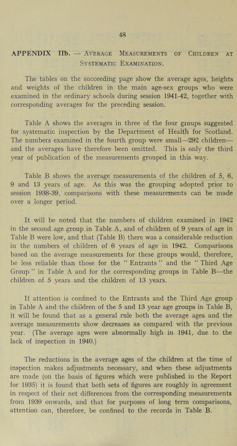 APPENDIX lib. — Average Measurements of Children at Systematic Examination. The tables on the succeeding page show the average ages, heights and weights of the children in the main age-sex groups who were examined in the ordinary schools during session 1941-42, together with corresponding averages for the preceding session. 'I Table A shows the averages in three of the four groups suggested for systematic inspection by the Department of Health for Scotland. The numbers examined in the fourth group were small—292 children— and the averages have therefore been omitted. This is only the third year of publication of the measurements grouped in this way. Table B shows the average measurements of the children of 5, 6, 9 and 13 years of age. As this was the grouping adopted prior to session 1938-39, comparisons with these measurements can be made over a longer period. It will be noted that the numbers of children examined in 1942 in the second age group in Table A, and of children of 9 years of age in Table B were low, and that (Table B) there was a considerable reduction in the numbers of children of 6 years of age in 1942. Comparisons based on the average measurements for these groups would, therefore, be less reliable than those for the “ Entrants ” and the  Third Age Group ” in Table A and for the corresponding groups in Table B—the children of 5 years and the children of 13 years. If attention is confined to the Entrants and the Third Age group in Table A and the children of the 5 and 13 year age groups in Table B, it will be found that as a general rule both the average ages and the average measurements show decreases as compared with the previous year. (The average ages were abnormally high in 1941, due to the lack of inspection in 1940.) The reductions in the average ages of the children at the time of inspection makes adjustments necessary, and when these adjustments are made (on the basis of figures which were published in the Report for 1935) it is found that both sets of figures are roughly in agreement in respect of their net differences from the corresponding measurements from 1939 onwards, and that for purposes of long term comparisons, attention can, therefore, be confined to the records in Table B.