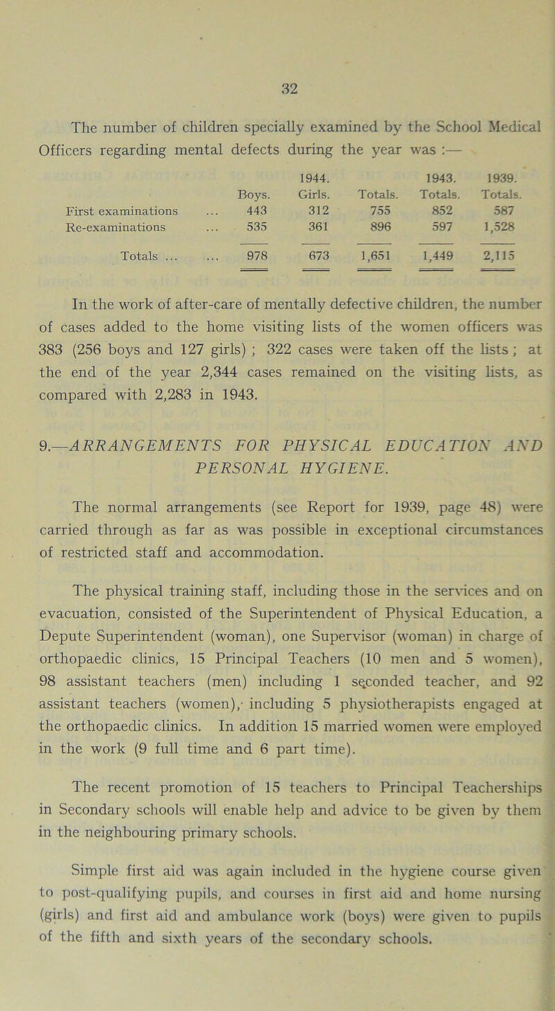 The number of children specially examined by the School Medical Officers regarding mental defects during the year was :— 1944. 1943. 1939. Boys. Girls. Totals. Totals. Totals. First examinations 443 312 755 852 587 Re-examinations 533 361 896 597 1,528 Totals ... 978 673 1,651 1,449 2,115 In the work of after-care of mentally defective children, the number of cases added to the home visiting lists of the women officers was 383 (256 boys and 127 girls) ; 322 cases were taken off the lists; at the end of the year 2,344 cases remained on the visiting lists, as compared with 2,283 in 1943. 9.—ARRANGEMENTS FOR PHYSICAL EDUCATION AND PERSONAL HYGIENE. The normal arrangements (see Report for 1939, page 48) were carried through as far as was possible in exceptional circumstances of restricted staff and accommodation. The physical training staff, including those in the services and on evacuation, consisted of the Superintendent of Physical Education, a Depute Superintendent (woman), one Supervisor (woman) in charge of orthopaedic clinics, 15 Principal Teachers (10 men and 5 women), 98 assistant teachers (men) including 1 seconded teacher, and 92 assistant teachers (women),- including 5 physiotherapists engaged at the orthopaedic clinics. In addition 15 married women were employed in the work (9 full time and 6 part time). The recent promotion of 15 teachers to Principal Teacherships in Secondary schools will enable help and advice to be given by them in the neighbouring primary schools. Simple first aid was again included in the hygiene course given to post-qualifying pupils, and courses in first aid and home nursing (girls) and first aid and ambulance work (boys) were given to pupils of the fifth and sixth years of the secondary schools.