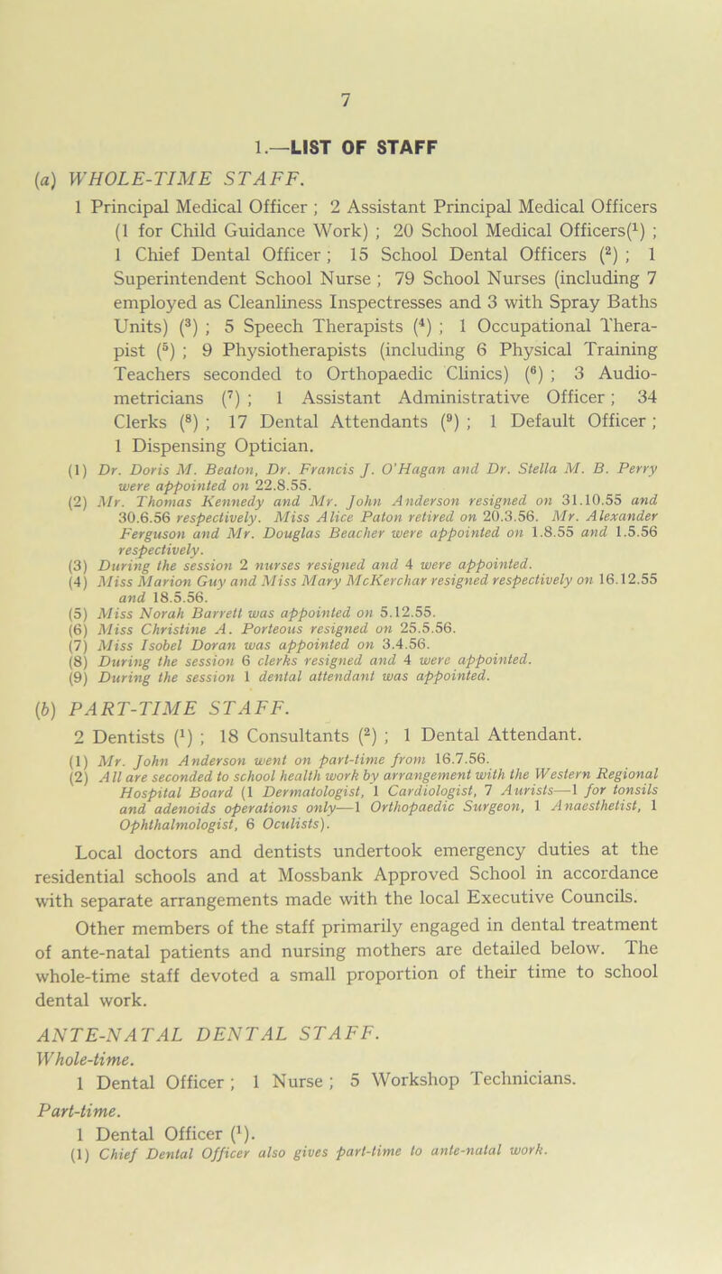 1.—LIST OF STAFF (a) WHOLE-TIME STAFF. 1 Principal Medical Officer ; 2 Assistant Principal Medical Officers (1 for Child Guidance Work) ; 20 School Medical Officers(x) ; 1 Chief Dental Officer ; 15 School Dental Officers (2) ; 1 Superintendent School Nurse ; 79 School Nurses (including 7 employed as Cleanliness Inspectresses and 3 with Spray Baths Units) (3) ; 5 Speech Therapists (4) ; 1 Occupational Thera- pist (5) ; 9 Physiotherapists (including 6 Physical Training Teachers seconded to Orthopaedic Clinics) (6) ; 3 Audio- metricians (7) ; 1 Assistant Administrative Officer; 34 Clerks (8) ; 17 Dental Attendants (9) ; 1 Default Officer ; 1 Dispensing Optician. (1) Dr. Doris M. Beaton, Dr. Francis J. O'Hagan and Dr. Stella M. B. Perry were appointed on 22.8.55. (2) Mr. Thomas Kennedy and Mr. John Anderson resigned on 31.10.55 and 30.6.56 respectively. Miss Alice Palon retired on 20.3.56. Mr. Alexander Ferguson and Mr. Douglas Beacher were appointed on 1.8.55 and 1.5.56 respectively. (3) During the session 2 nurses resigned and 4 were appointed. (4) Miss Marion Guy and Miss Mary McKerchar resigned respectively on 16.12.55 and 18.5.56. (5) Miss Norah Barrett was appointed on 5.12.55. (6) Miss Christine A. Porteous resigned on 25.5.56. (7) Miss Isobel Doran was appointed on 3.4.56. (8) During the session 6 clerks resigned and 4 were appointed. (9) During the session 1 dental attendant was appointed. (b) PART-TIME STAFF. 2 Dentists (*) ; 18 Consultants (2) ; 1 Dental Attendant. (1) Air. John Anderson went on part-time from 16.7.56. (2) All are seconded to school health work by arrangement with the Western Regional Hospital Board (1 Dermatologist, 1 Cardiologist, 7 Aurists—1 for tonsils and adenoids operations only—\ Orthopaedic Surgeon, 1 Anaesthetist, 1 Ophthalmologist, 6 Oculists). Local doctors and dentists undertook emergency duties at the residential schools and at Mossbank Approved School in accordance with separate arrangements made with the local Executive Councils. Other members of the staff primarily engaged in dental treatment of ante-natal patients and nursing mothers are detailed below. The whole-time staff devoted a small proportion of their time to school dental work. ANTE-NATAL DENTAL STAFF. Whole-time. 1 Dental Officer; 1 Nurse ; 5 Workshop Technicians. Part-time. 1 Dental Officer (x). (1) Chief Dental Officer also gives part-time to ante-natal work.