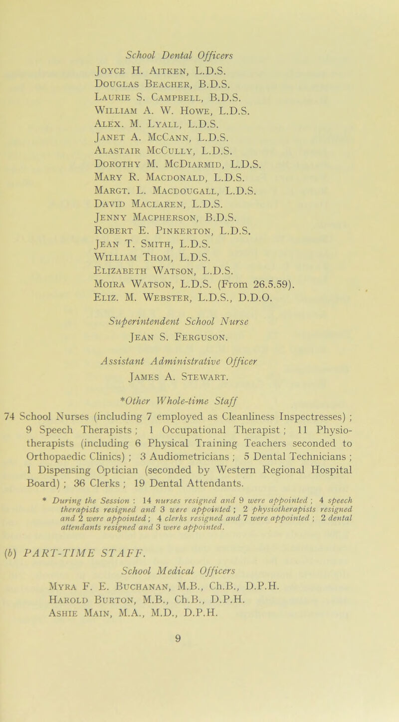 School Dental Officers Joyce H. Aitken, L.D.S. Douglas Beacher, B.D.S. Laurie S. Campbell, B.D.S. William A. W. Howe, L.D.S. Alex. M. Lyall, L.D.S. Janet A. McCann, L.D.S. Alastair McCully, L.D.S. Dorothy M. McDiarmid, L.D.S. Mary R. Macdonald, L.D.S. Margt. L. Macdougall, L.D.S. David Maclaren, L.D.S. Jenny Macpherson, B.D.S. Robert E. Pinkerton, L.D.S. Jean T. Smith, L.D.S. William Thom, L.D.S. Elizabeth Watson, L.D.S. Moira Watson, L.D.S. (From 26.5.59). Eliz. M. Webster, L.D.S., D.D.O. Superintendent School Nurse Jean S. Ferguson. Assistant Administrative Officer James A. Stewart. *Other Whole-time Staff 74 School Nurses (including 7 employed as Cleanliness Inspectresses) ; 9 Speech Therapists; 1 Occupational Therapist; 11 Physio- therapists (including 6 Physical Training Teachers seconded to Orthopaedic Clinics) ; 3 Audiometricians ; 5 Dental Technicians ; 1 Dispensing Optician (seconded by Western Regional Hospital Board) ; 36 Clerks ; 19 Dental Attendants. * During the Session : 14 nurses resigned and 9 were appointed ; 4 speech therapists resigned and 3 were appointed ; 2 physiotherapists resigned and 2 were appointed; 4 clerks resigned and 7 were appointed ; 2 dental attendants resigned and 3 were appointed. (b) PART-TIME STAFF. School Medical Officers Myra F. E. Buchanan, M.B., Ch.B., D.P.H. Harold Burton, M.B., Ch.B., D.P.H. Ashie Main, M.A., M.D., D.P.H.