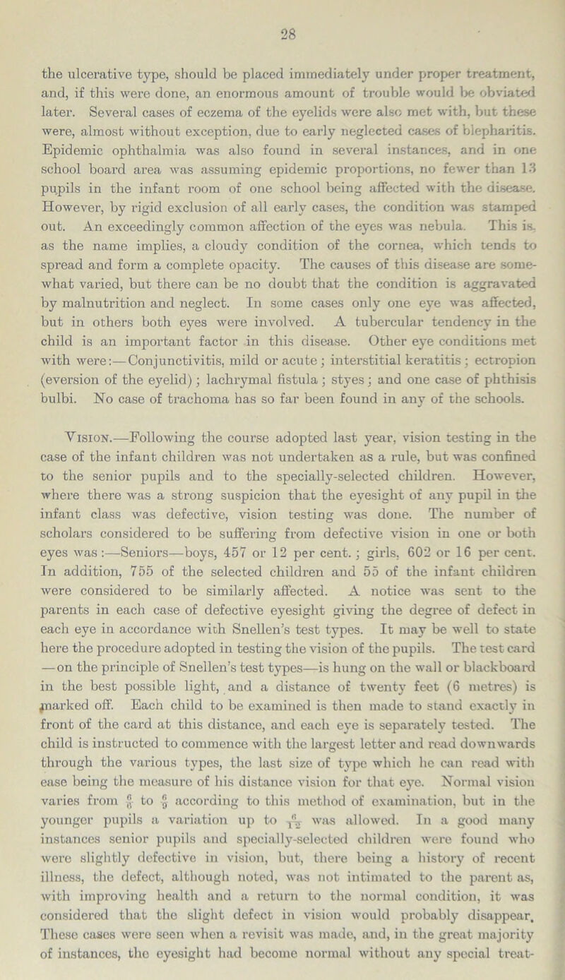 the ulcerative type, should be placed immediately under proper treatment, and, if this were done, an enormous amount of trouble would be obviated later. Several cases of eczema of the eyelids were also met with, but these were, almost without exception, due to early neglected cases of blepharitis. Epidemic ophthalmia was also found in several instances, and in one school board area was assuming epidemic proportions, no fewer than 13 pupils in the infant room of one school being affected with the disease. However, by rigid exclusion of all early cases, the condition was stamped out. An exceedingly common affection of the eyes was nebula. This is. as the name implies, a cloudy condition of the cornea, which tends to spread and form a complete opacity. The causes of this disease are some- what varied, but there can be no doubt that the condition is aggravated by malnutrition and neglect. In some cases only one eye was affected, but in others both eyes were involved. A tubercular tendency in the child is an important factor in this disease. Other eye conditions met with were:—Conjunctivitis, mild or acute; interstitial keratitis ; ectropion (eversion of the eyelid); lachrymal fistula ; styes; and one case of phthisis bulbi. No case of trachoma has so far been found in any of the schools. Vision.—Following the course adopted last year, vision testing in the case of the infant children was not undertaken as a rule, but was confined to the senior pupils and to the specially-selected children. However, where there was a strong suspicion that the eyesight of any pupil in the infant class was defective, vision testing was done. The number of scholars considered to be suffei'ing from defective vision in one or both eyes was:—Seniors—boys, 457 or 12 per cent.; girls, 602 or 16 per cent. In addition, 755 of the selected children and 55 of the infant children were considered to be similarly affected. A notice was sent to the parents in each case of defective eyesight giving the degree of defect in each eye in accordance with Snellen’s test types. It may be well to state here the procedure adopted in testing the vision of the pupils. The test card —on the principle of Snellen’s test types—is hung on the wall or blackboard in the best possible light, and a distance of twenty feet (6 metres) is ^narked off. Each child to be examined is then made to stand exactly in front of the card at this distance, and each eye is separately tested. The child is instructed to commence with the largest letter and read downwards through the various types, the last size of type which he can read with ease being the measure of his distance vision for that eye. Normal vision varies from  to according to this method of examination, but in the younger pupils a variation up to ^ was allowed. In a good many instances senior pupils and specially-selected children were found who were slightly defective in vision, but, there being a history of recent illness, the defect, although noted, was not intimated to the parent as, with improving health and a return to the normal condition, it was considered that the slight defect in vision would probably disappear. These cases were seen when a revisit was made, and, in the great majority of instances, the eyesight had become normal without any special treat-